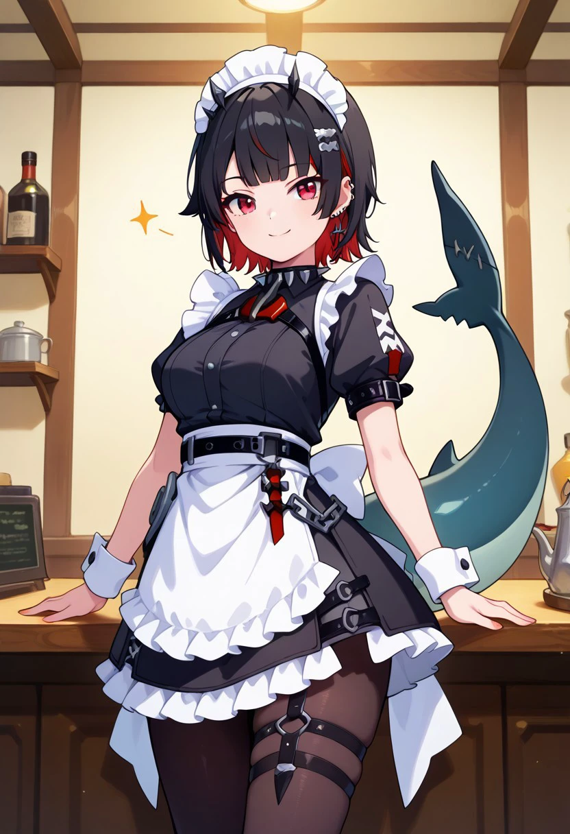 ellen joe, black hair, colored inner hair, multicolored hair, red eyes, red hair, short hair, two-tone hair, apron, black pantyhose, black shirt, black skirt, ear piercing, fins, fish tail, maid, maid apron, maid headdress, pantyhose, piercing, puffy short sleeves, puffy sleeves, shark girl, shark tail, shirt, short sleeves, skirt, tail, two-tone hair, wrist cuffs,
smile, looking at viewer, pretty background,