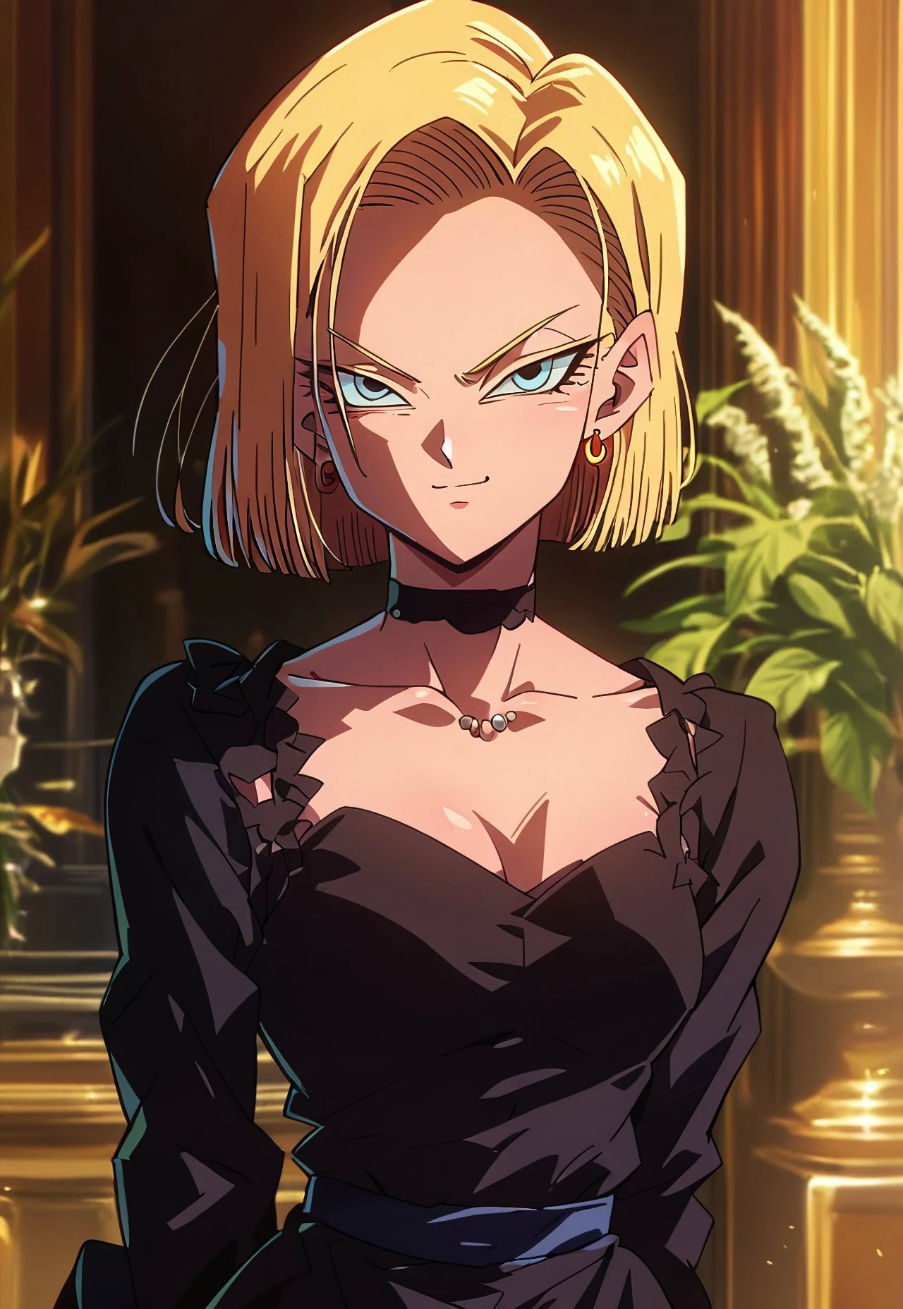 score_9, score_8_up, score_7_up, source_anime, black-tie event style, detailed background, formal setting, elegant lighting, android 18 (dragon ball), looking at viewer, subtle smile, wearing a black dress