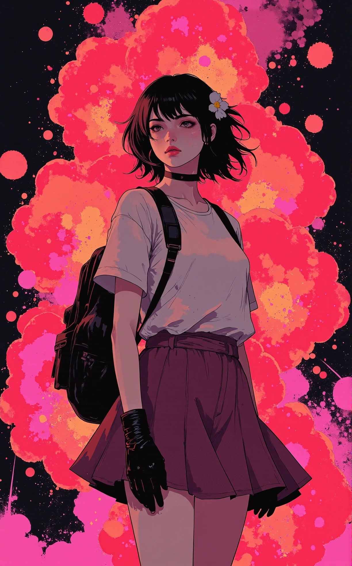 Off-center composition, right-aligned dynamic composition, The image is an illustration of a young girl with dark hair and a white flower in her hair. She is standing in front of a large explosion of red and pink flames. The girl is wearing a white t-shirt, a maroon skirt, and black gloves. She has a backpack on her back with a black strap. The explosion is made up of multiple layers of red flames that are spread out in all directions, creating a chaotic and dynamic scene. The background is dark and the overall mood of the image is intense and intense., dark and dim light, anime artwork comic anime art by Shigenori Soejima, fashion art by Rick Owens, , avant-garde, dark, edgy, experimental, Video game art, character design, Persona series, anime influence . graphic illustration, comic art, graphic novel art, vibrant, highly detailed . anime style, key visual, vibrant, studio anime, highly detailed