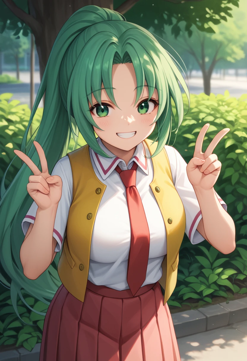 score_9, score_7_up,   <lora:MionCAME2:1> Mion Sonozaki, green eyes, ponytail, green hair, white shirt, red necktie, yellow vest, red skirt,  double v, outdoors, looking at viewer, smile,