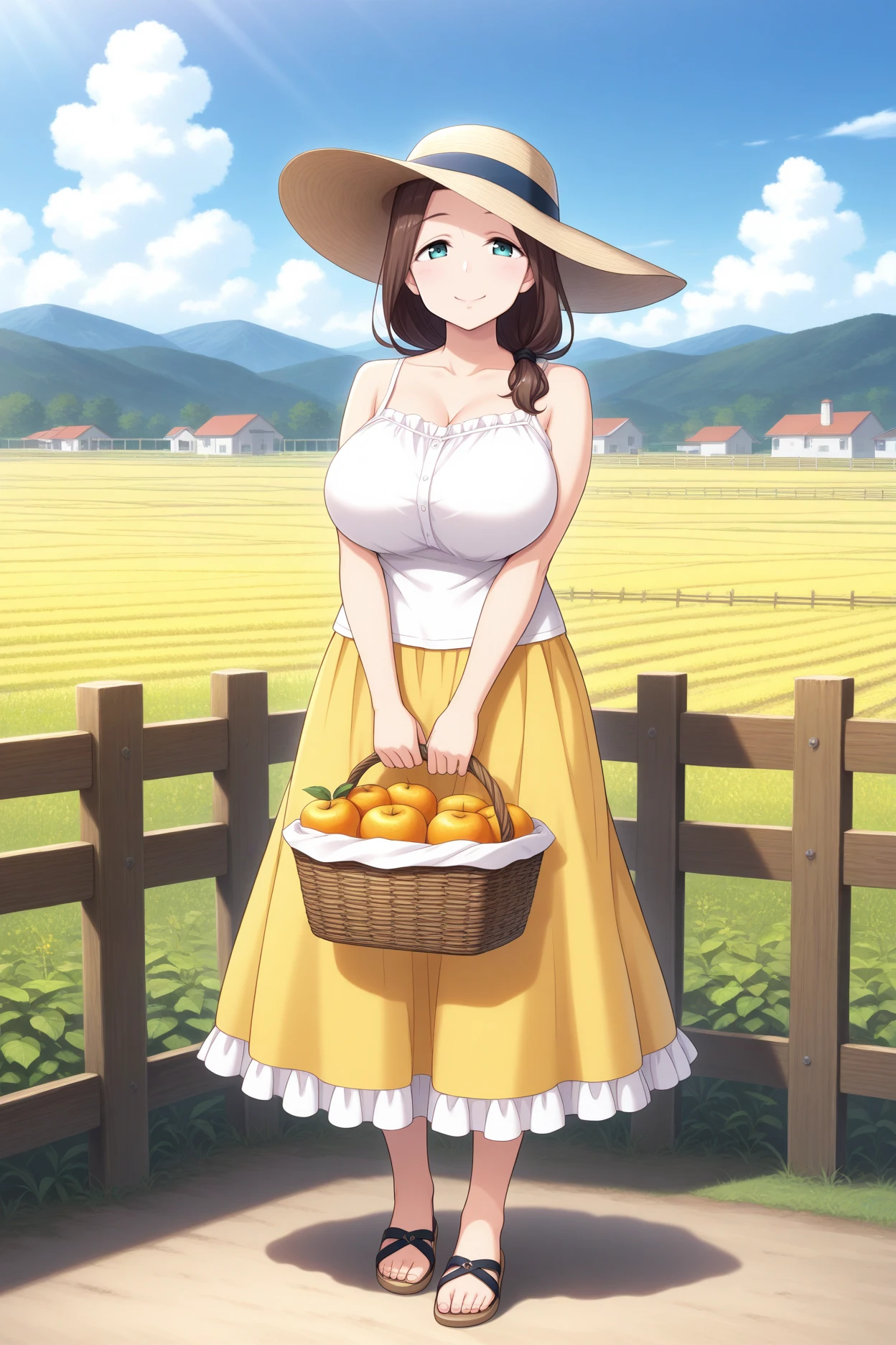 masterpiece, best quality, 1girl, solo, <lora:aimom-illu-nvwls-v1-000005:1> aimom, brown hair, aqua eyes, hair over shoulder, low-tied long hair, mature female, large breasts, white camisole, sun hat, frilled skirt, yellow skirt, long skirt, sandals, full body, holding basket full of fruit, looking at viewer, happy, blue sky, farm, fence