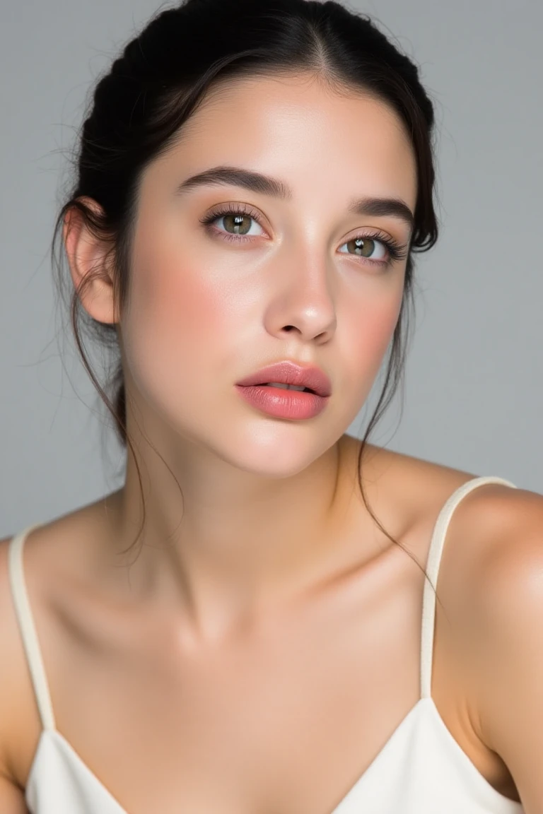 High quality realistic beauty shot of haniaaflx. A close-up shot of a woman. She is wearing a camisole blouse. Her lips are a light pink color. Her hair is pulled back. The backdrop is a light gray. She is giving a beautiful smile.