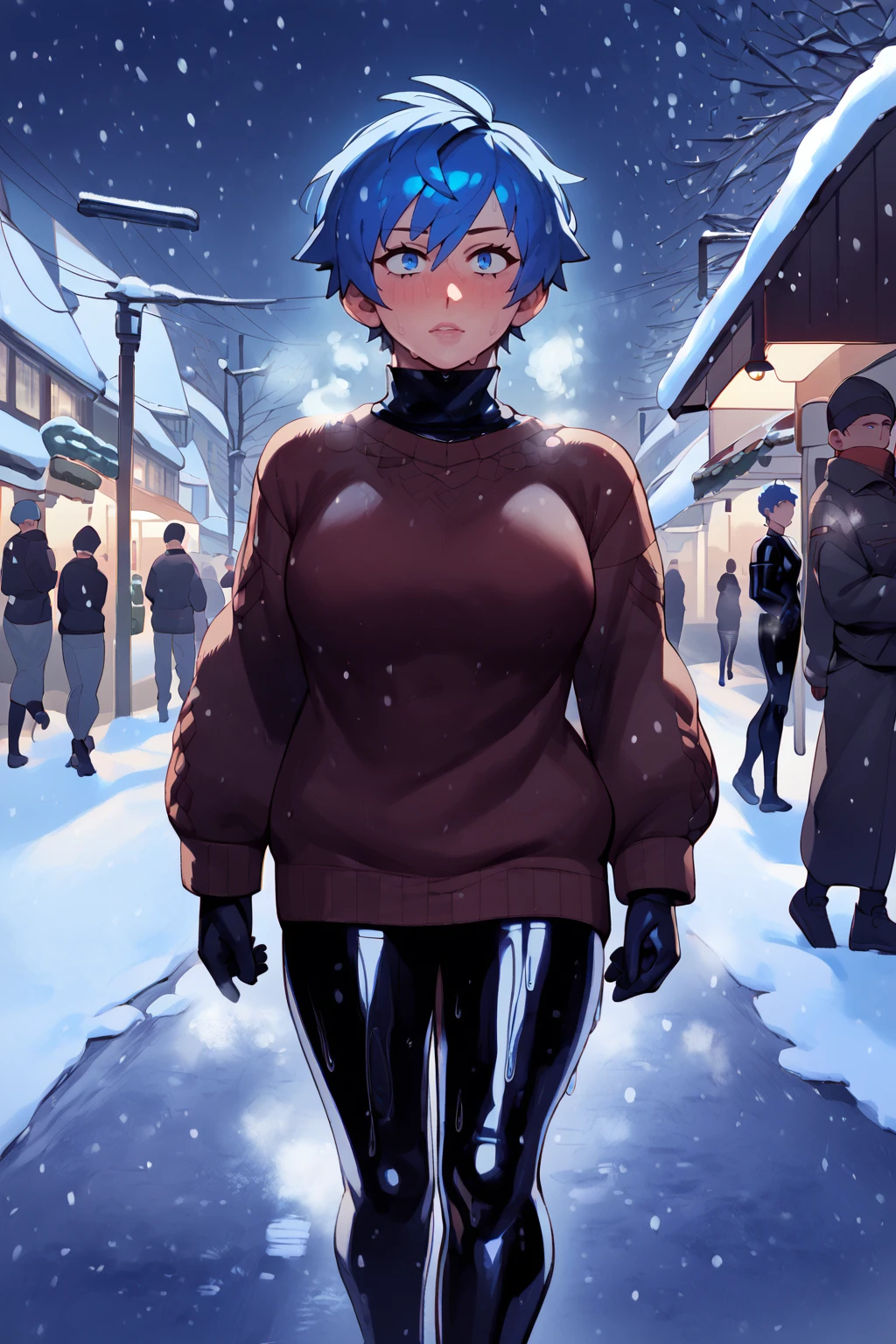 sweater  <lora:latex_under_clothes:1> latex under clothes, latex body suit, sweaty, steamy body, short tomboy hair, big boobs, <lora:RD-MAnon-XLV1.1:1> walking donw town, in winter, snowing, breath fog, blue hair and eyes, walking away from viewer, public space, charismas, source_anime, score_9_up,  score_7_up, score_8_up