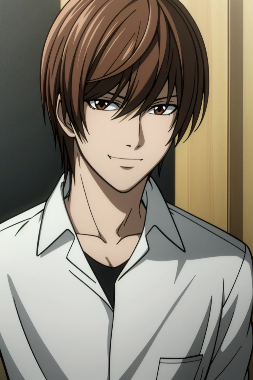 masterpiece,best quality,8k,higres,yagami_light,1boy,solo,brown hair,short hair,brown eyes,male,focus,white shirt,blood on face,blood on clothes,crazy,smile