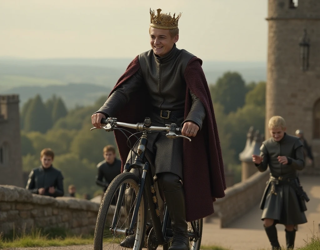 <lora:Joffrey Baratheon:0.9> joffrey baratheon, full body, a man with a crown is riding a bicycle in a castle