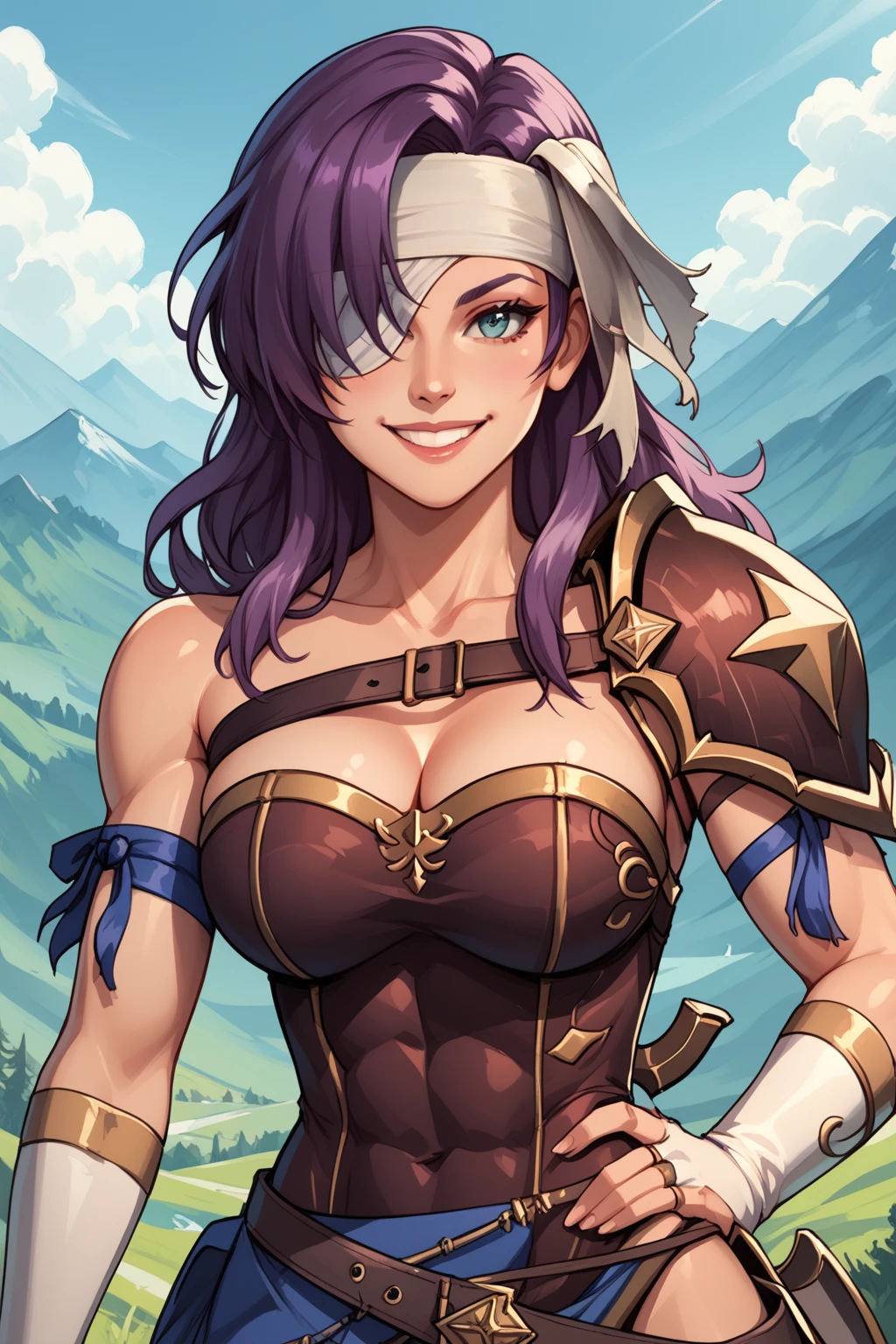 score_9, score_8_up, score_7_up, masterpiece, high quality, BREAK
 <lora:Malice Fire EmblemPonyLora:1>mlice, long hair, bandage over one eye, eyepatch, bare shoulders chest belt, cleavage, torsolette, single shoulder armor, armlet, bridal gloves, smile, mountains