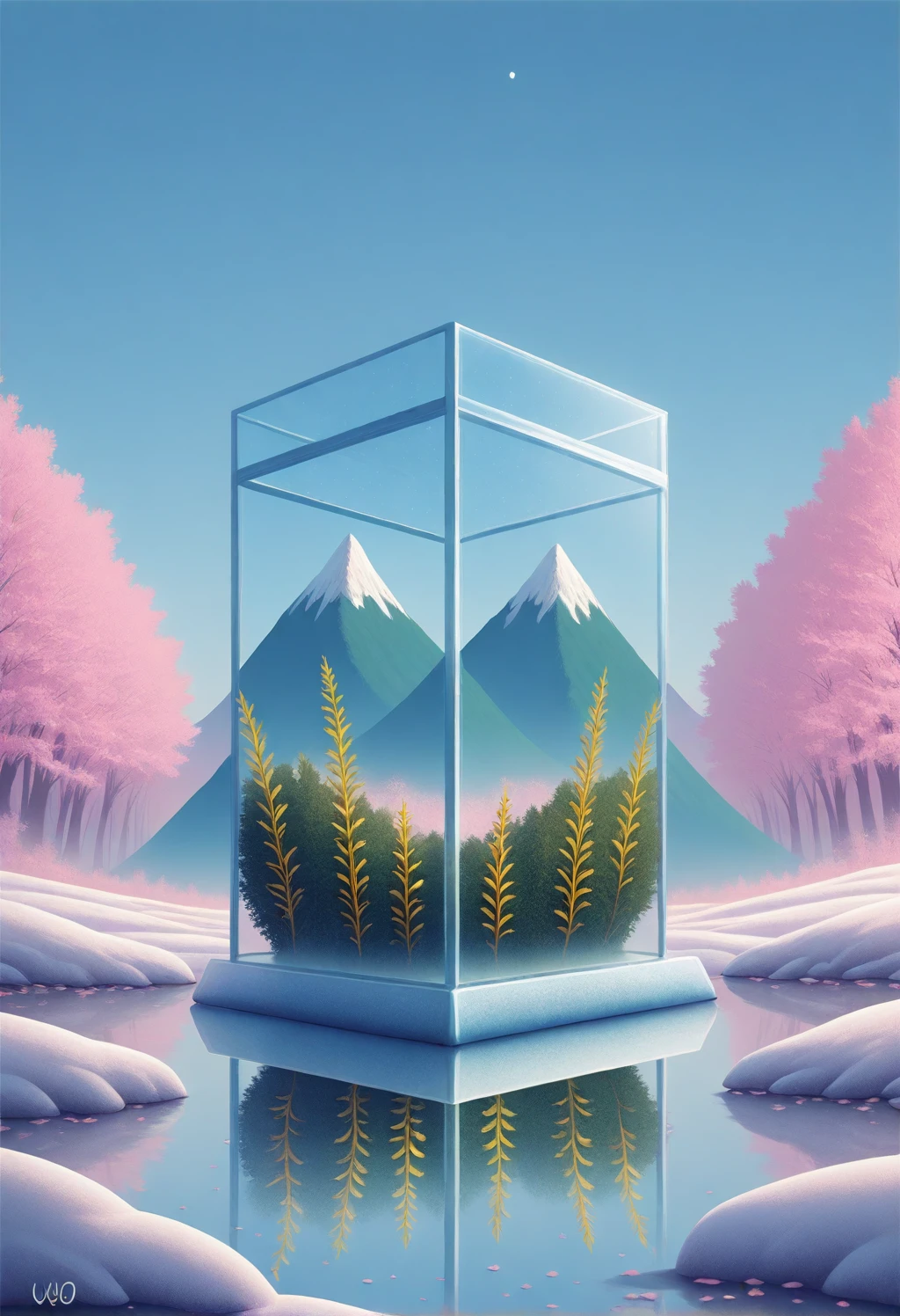 w0mb01nk, a digital illustration depicting a surreal, dreamlike scene. At the center of the image is a small, glass box with a reflective surface, which contains a vivid, mirror-like image of a serene mountain landscape with a bright blue sky and snow-capped peaks. The box is surrounded by lush greenery and vibrant flowers, with pink cherry blossoms and yellow flowers adding a touch of springtime beauty. A winding, golden path extends from the box, leading the viewer's eye through a tranquil, rocky stream that flows from the top left to the bottom right of the image. The stream is framed by smooth, large rocks and is surrounded by a variety of plants and flowers, enhancing the natural, peaceful atmosphere. The background features a dense forest with tall, leafy trees that fade into a soft, ethereal light, suggesting early morning or late afternoon. The colors are rich and vibrant, with a harmonious blend of greens, blues, and soft pastels. The overall style of the artwork is highly detailed and realistic, yet with an element of fantasy and surrealism, creating a captivating and otherworldly visual experience. The scene evokes a sense of tranquility and wonder.