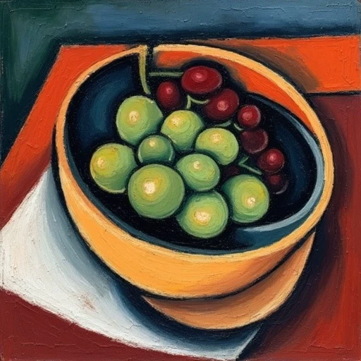 painting cubism style of bowl with grapes on a table