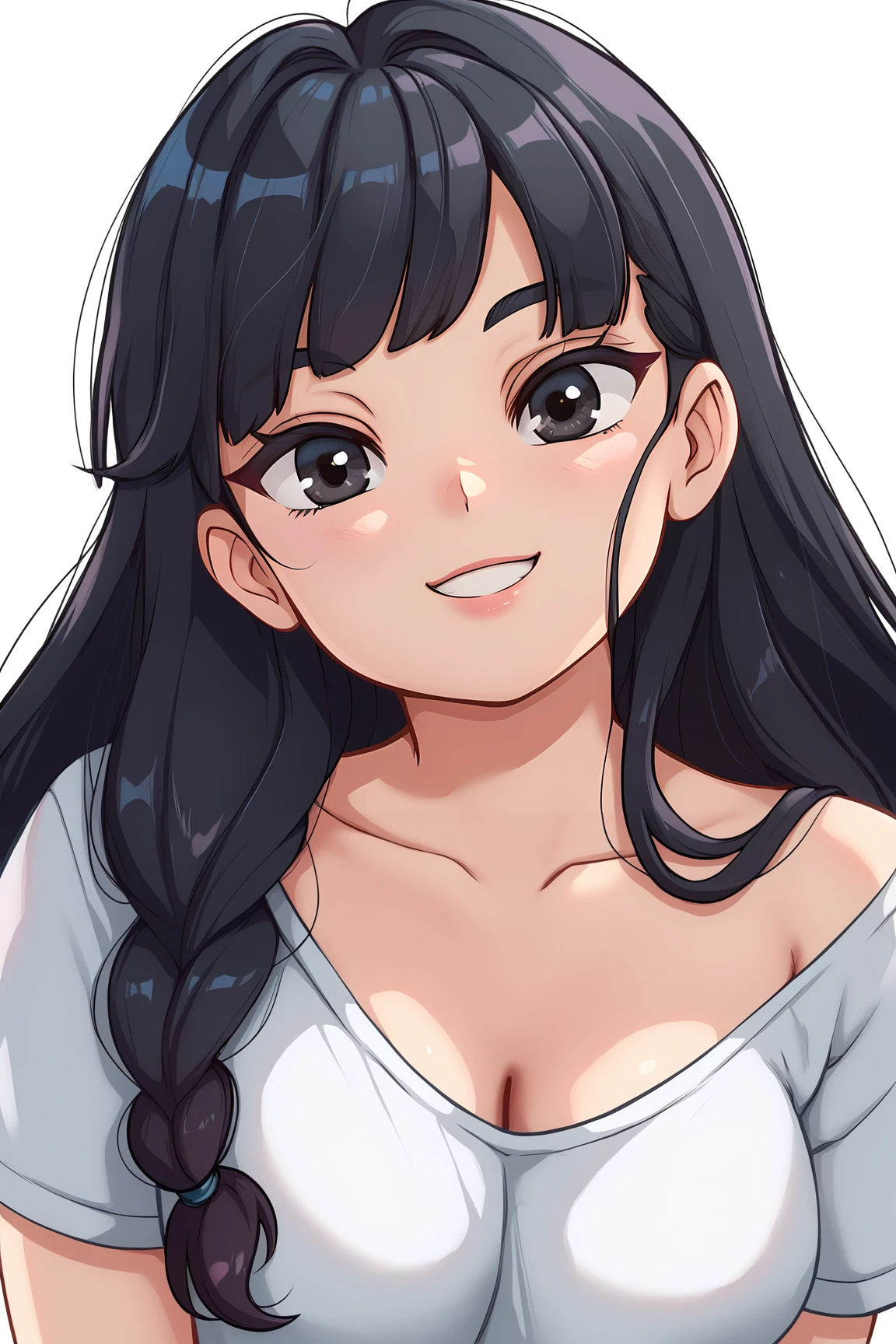 score_9, score_8_up, score_7_up, score_6_up, BREAK, 1girl, black hair, long hair, bangs, black eyes, white shirt, head tilt, smile, looking at viewer, white background, simple background, TeemovsallStylePXL <lora:TeemovsallStylePXL:1>