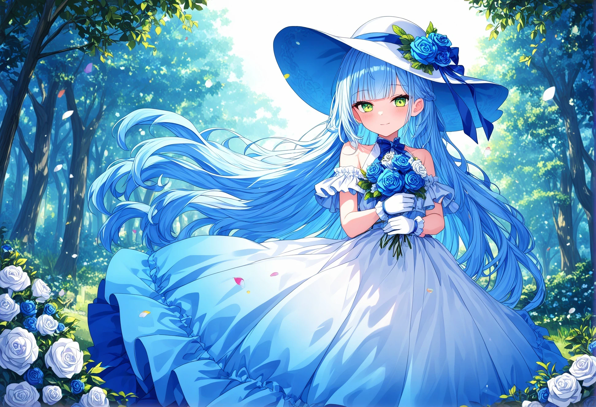 1girl, general, outdoors, day, dappled sunlight, tree, very long hair, dress, closed mouth, flower, blunt bangs, white flower, tsurime, hat ribbon, white rose, blue ribbon, blue dress, white hat, light smile, frilled sleeves, ribbon, blue rose, standing, holding flower, sunlight, white gloves, bare shoulders, petals, hat, nature, white dress, hat flower, gloves, leaf, green eyes, blue flower, blue hair, long dress, solo, blue theme, grass, rose, long hair, holding, frills, sun hat, looking at viewer