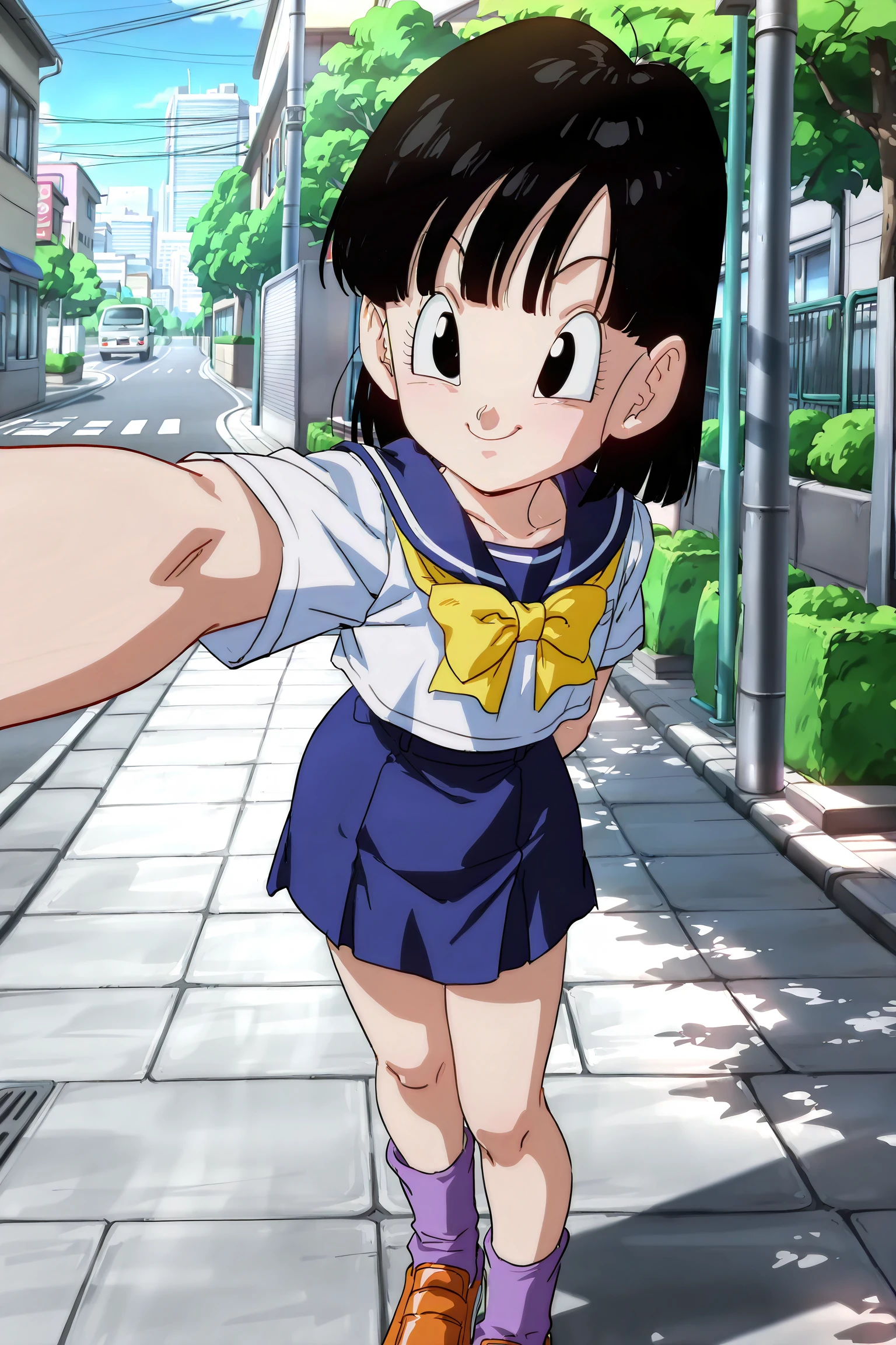 source_anime, score_9, score_8_up, score_7_up, anime screencap, absurdres, high quality,
solo, 1girl, city, street, day, road, pavement, dappled sunlight, 
pan \(dragon ball\), short hair, bangs, black hair, black eyes, school uniform, standing, big smile, selfie, 
  <lora:Pan_IL_v1:0.8>