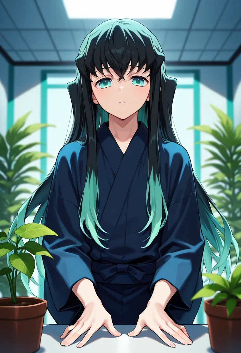 masterpiece, best quality, intricate details, , looking at viewer, depth of field, 1boy, solo, male focus, <lora:muichirou_tokitou_ilxl:0.96>, muichirou_tokitou, black hair, aqua eyes, long hair, bangs, hair between eyes, sidelocks, multicolored hair, two-tone hair, gradient hair, aqua hair, tech garden, robot tenders, data plants, virtual flowers, tending pose, gentle expression, artificial lighting,