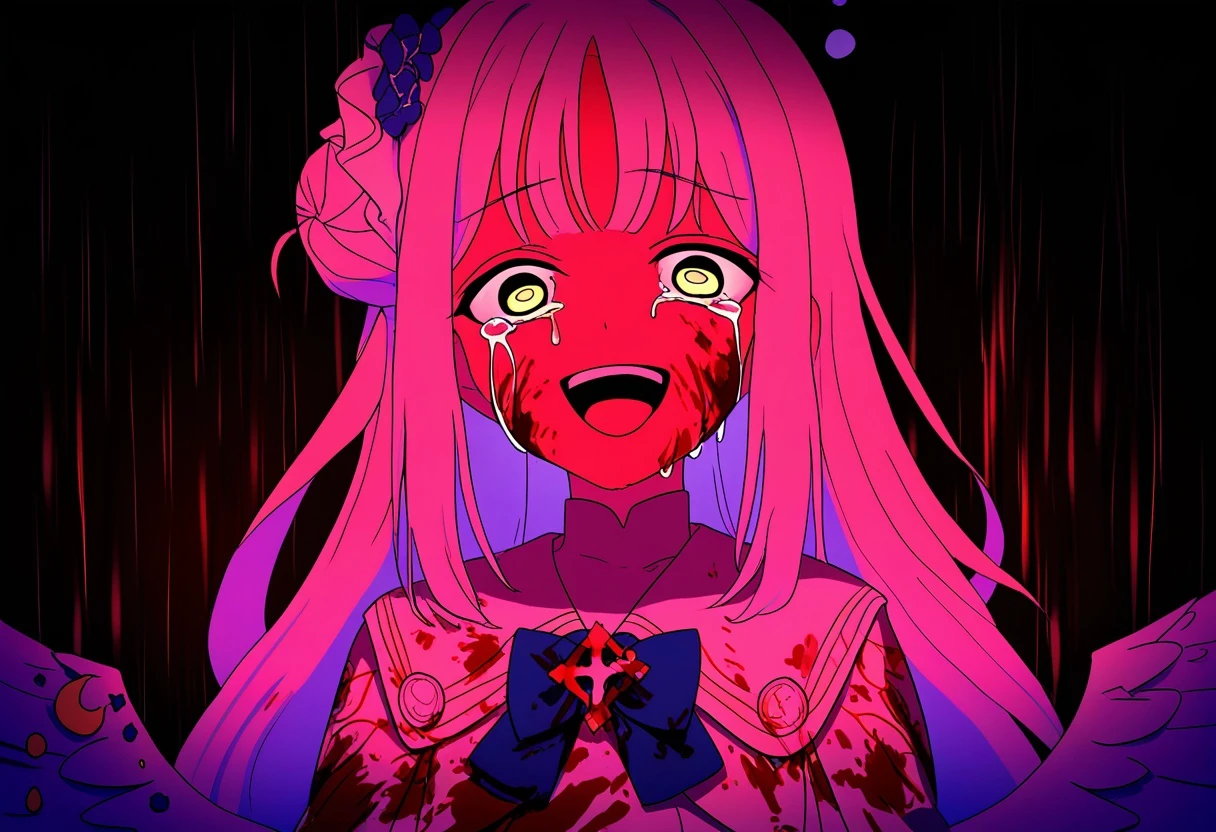 1girl, red theme, solo, halo, blood on face, mika \(blue archive\), long hair, pink hair, looking at viewer, blood, open mouth, yellow eyes, blood on clothes, smile, crazy eyes, crazy smile, wings, upper body, tears, rain, crying, crying with eyes open, capelet, dress, white wings