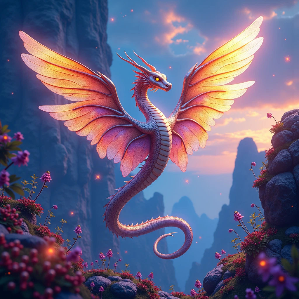 psychedelic style ethereal fantasy concept art of  a breathtaking masterpiece of a flying serpent in a stunning, impressionist ambience. The scene is beautiful and surreal, with luxurious sharp focus and intense, vibrant colors. Incorporate dynamic shadows and dramatic lighting, with soft shadows enhancing the depth of the scene. Set the mood in the early morning, during the blue hour, capturing the cinematic essence of the serpent as it perches gracefully in a mystical open sky. Its iridescent wings shimmer in glorious hues of golden and silvery majestic colors, catching the soft, magical light that illuminates this enchanting creature. The serpent's scales gleam like precious gems, and it has a majestic crest atop its head with small horns on the sides, reflecting the vibrant colors of the surrounding flora. Use volumetric lighting to create an ethereal atmosphere, with fireflies dancing in the air and mysterious, glowing plants adding to the otherworldly setting. The scene should be filled with magic and myth, with intricate details that draw the viewer into this fantastical realm."
 <lora:windserpents:1> fsp, fsx, fxs . magnificent, celestial, ethereal, painterly, epic, majestic, magical, fantasy art, cover art, dreamy . vibrant colors, swirling patterns, abstract forms, surreal, trippy