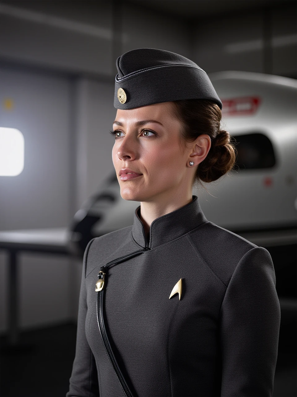 This is a photograph taken on a Starfleet border space station, which is brightly lit with a space shuttle ready for takeoff in the background. The woman in the photo is wearing a gray Starfleet uniform with a dark gray garrison cap on her head with a captain's rank insignia on the side of the cap as she prepares for a flight mission in the cockpit of the shuttle.

coh24, garrison cap, 