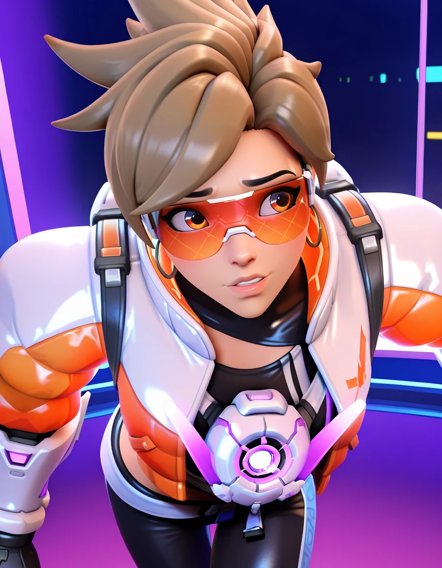 Masterpiece, high-res, 2k, best quality,   3d, 1 girl  , tracer (overwatch), tracer kpop , on a concert <lora:Tracer kpop-000035:1>  Panicked Run with Hair Flying: Run with a panicked expression your hair whipping around your face conveying fear or desperation.