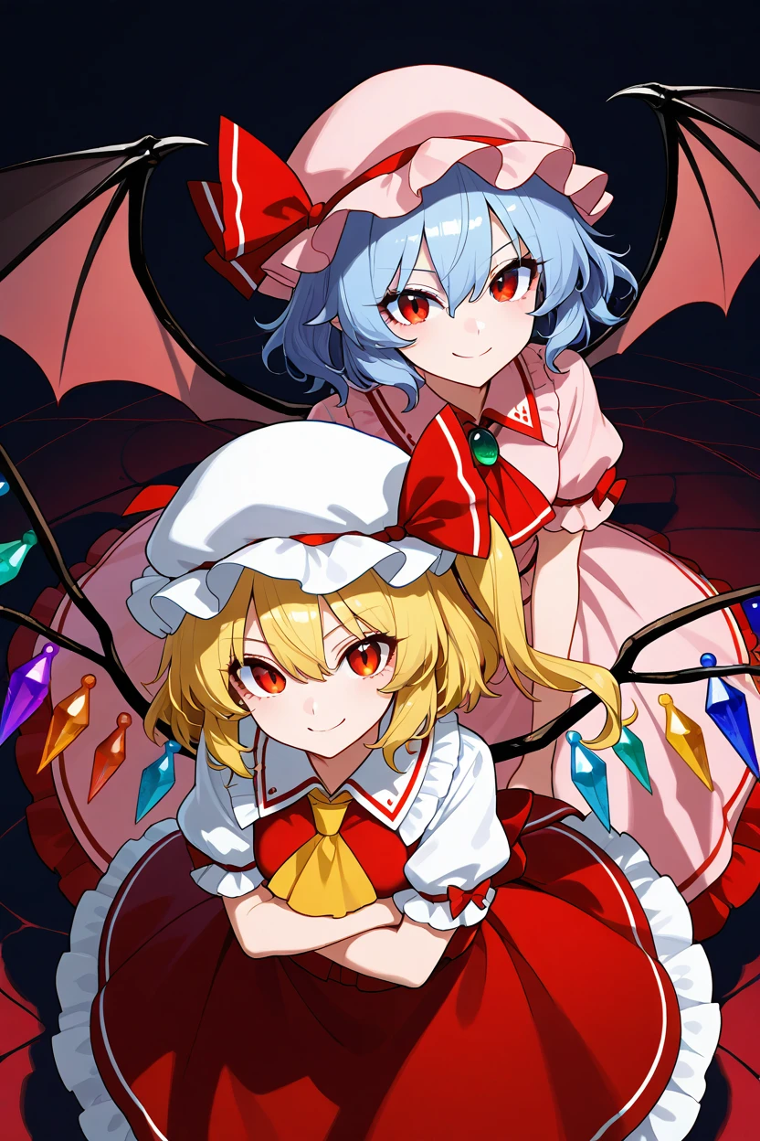 masterpiece, best quality, 21 year old model, eyelashes, (beautiful eyes),     ,,,2girls,  zzRemilia, red eyes, blue hair, short hair, hat, ribbon, wings, ascot, hat ribbon, pink dress, bat wings, short sleeves, frills, puffy sleeves, zzFlandre, red eyes, blonde hair, one side up, hair between eyes,  wings, ascot, red skirt, hat ribbon, short sleeves, puffy sleeves, mob cap, red shirt,  <lora:ScarletSistersIXL_v1:1.0>, from above, dynamic pose, cowboy shot, smile, looking at viewer, shiny skin,