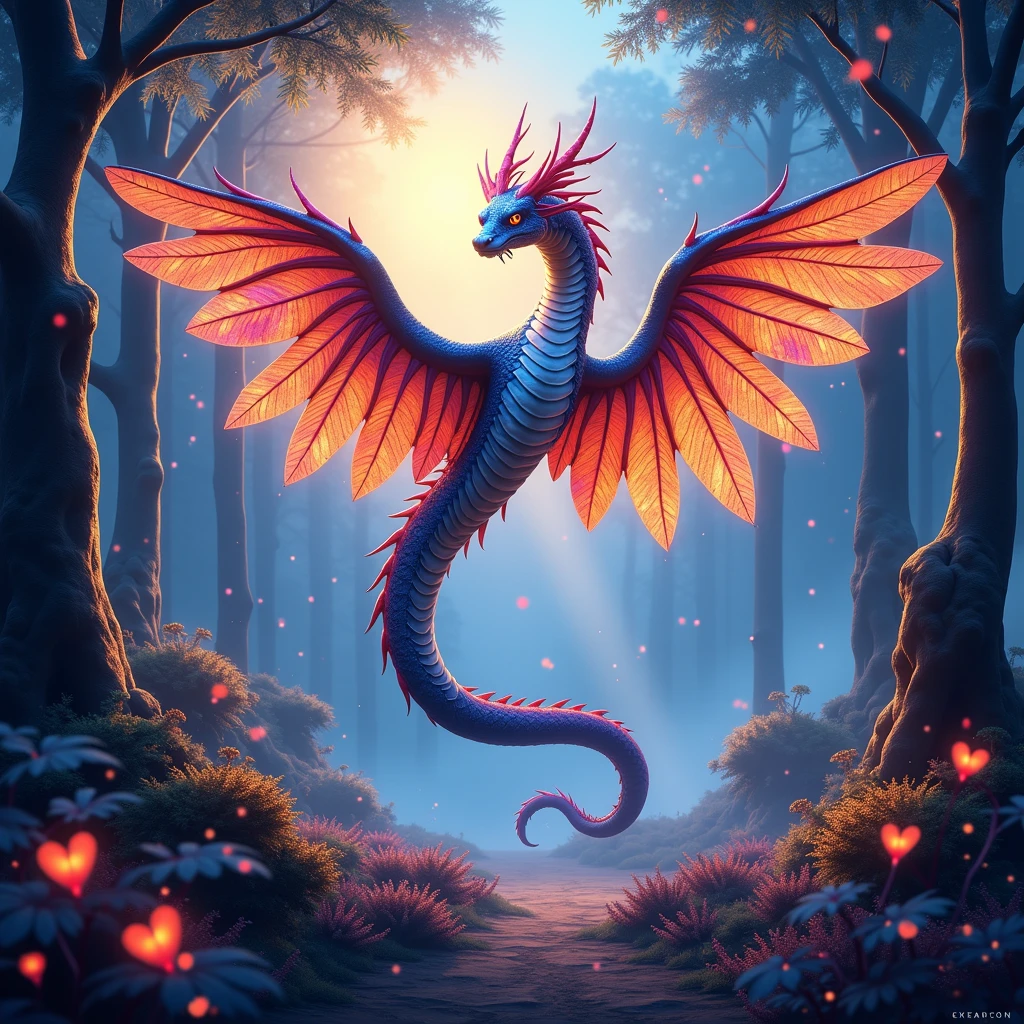 flying serpent painting, impressionist ambience , beautiful and surreal, with luxurious sharp focus, intense vibrant colors, dynamic shadows, dramatic lighting, soft shadows, in the early morning, blue hour,  cinematic flying serpent is erched gracefully on a delicate, interesting sky mystical open space. Its iridescent wings shimmer in various hues of ruby red, golden and silvery majestic colors, catching the soft, magical light filtering through the ancient trees. the creature scales gleam like precious gems, reflecting the vibrant colors of the surrounding flora, volumetric lighting,  The background is filled with ethereal wisps of light, fireflies dancing in the air, and mysterious, glowing plants that add to the otherworldly atmosphere. The scene should evoke a sense of wonder and fantasy, with intricate details that draw the viewer into this magical realm." <lora:windserpents:1> fsp, fsx, fxs