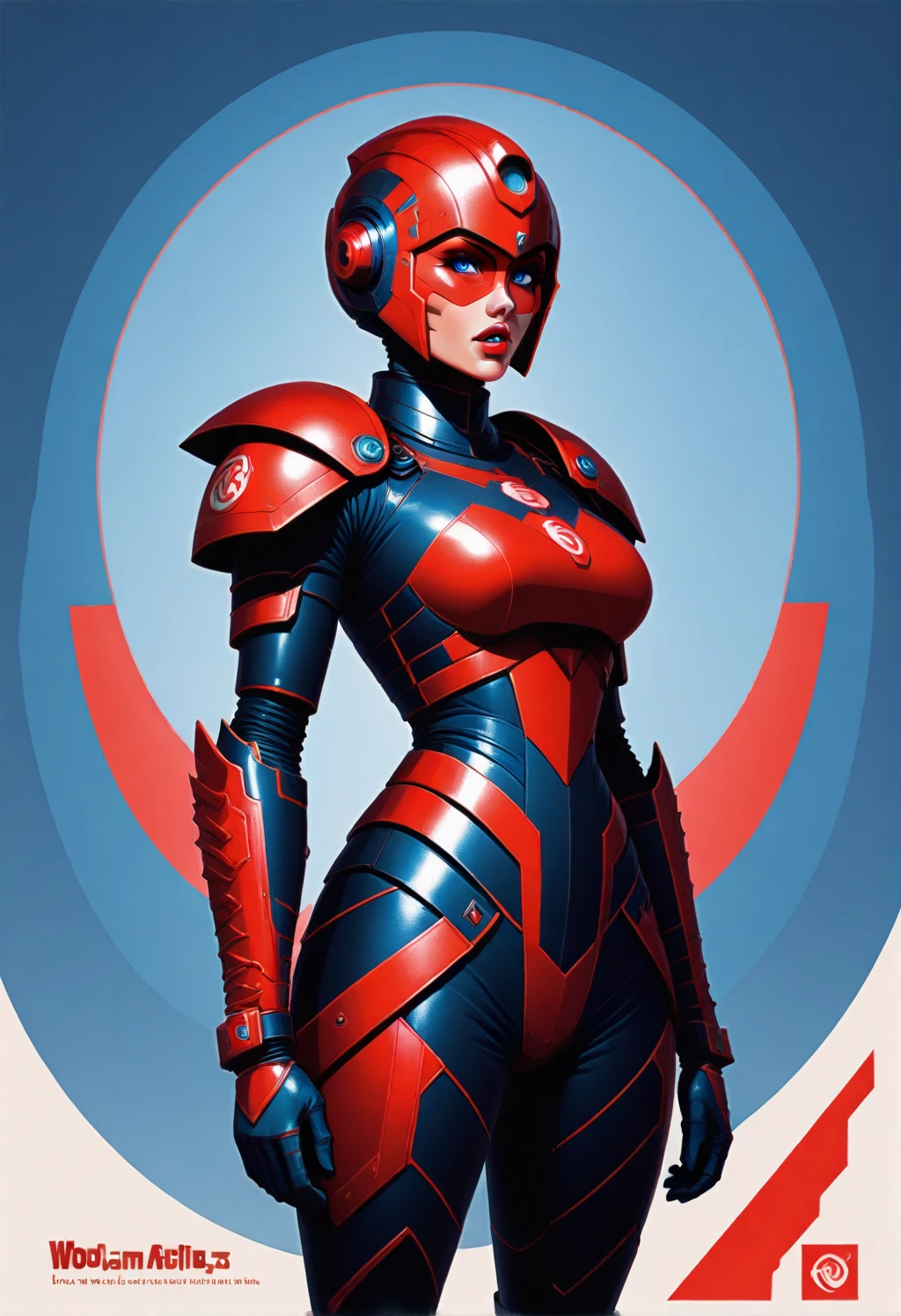 w0mb01nk, a digital illustration of a female robot. She is wearing a red and black suit with a futuristic design. The suit has a large blue circle in the center, which is likely the logo of the robot. The robot has a helmet with a red visor and a blue light on top. The background is a gradient of blue, pink, and purple, with rays of light radiating from the center. The woman is standing with her arms crossed and has a serious expression on her face. (The text "WOMBO AI" is written in bold white letters at the top of the image.), 1girl, helmet, armor, solo, redesign, blue eyes, power armor, looking at viewer, shoulder armor, gloves, lips, bodysuit, shoulder pads, breasts, science fiction, body armor, parted lips, western comics \(style\), neon trim, cowboy shot, arms at sides