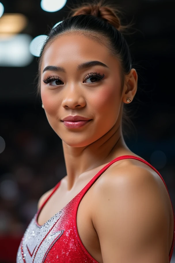 close-up photoshoot of a gymnast, looking at the viewer,