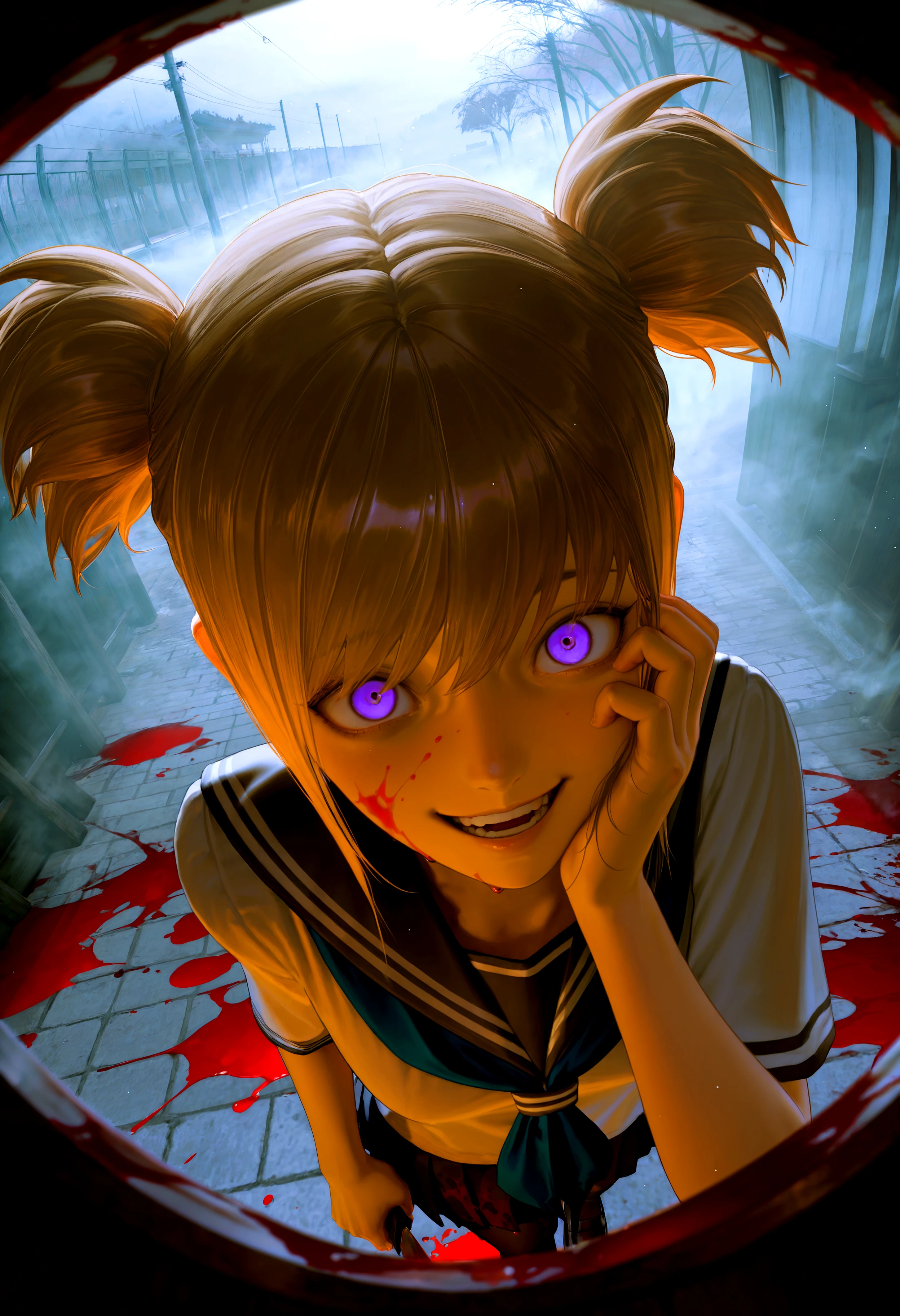 HDR, 8K, high contrast, masterpiece, best quality, amazing quality, very aesthetic, high resolution, ultra-detailed, absurdres, newest, scenery, dynamic angle, 1girl, dark blonde hair, short twintails, purple eyes, teeth, open mouth, blood on face, smile, crazy eyes, holding knife, hand on own cheek, upper body, school uniform backlighting, from above, dutch angle, close-up, (colorful), (((blood splatter))), fisheye, fog, smoke, BREAK, photorealistic, beautiful detailed eyes, detailed skin, detailed hair, volumetric lighting, dappled light, light particles, dramatic shadows, cinematic lighting, photo background, depth of field, <lora:IL\KMS_HH_Ash_IL:0.8>