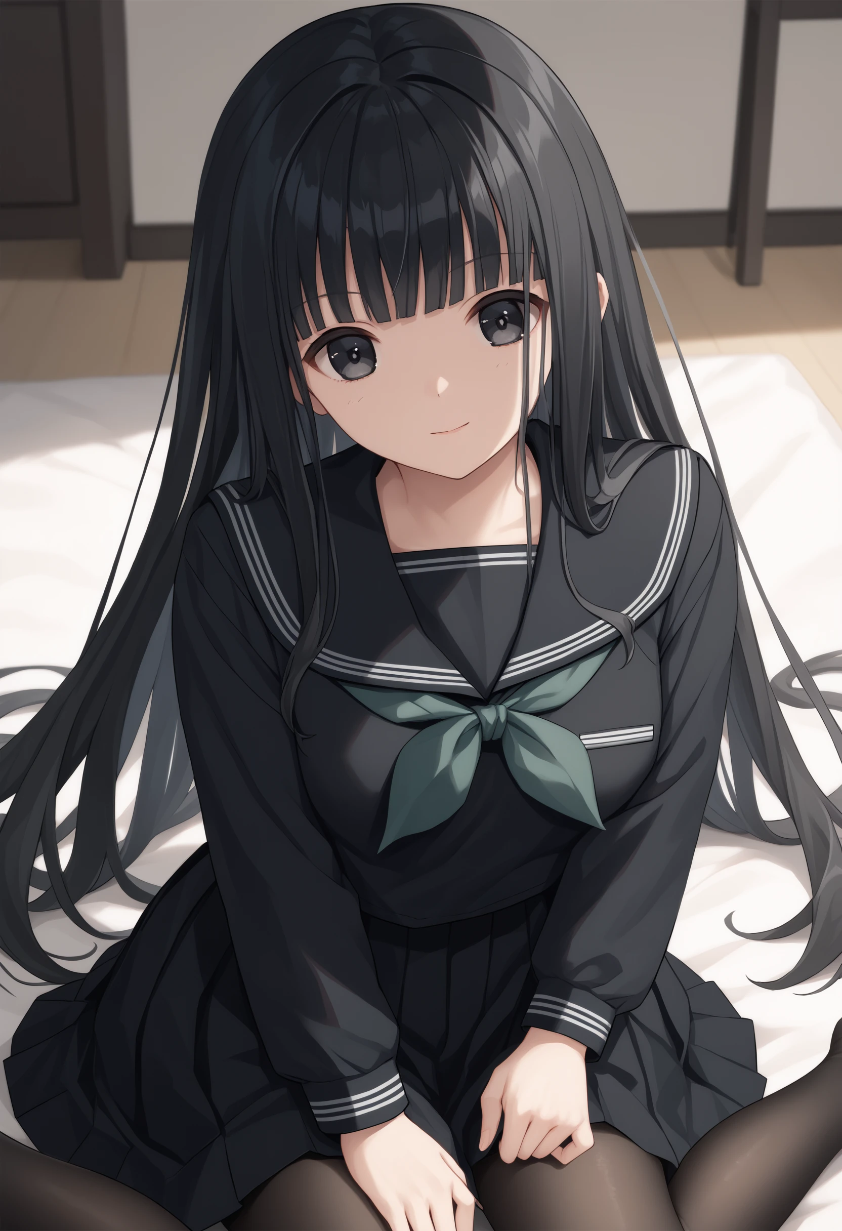 score_9, score_7_up,   1girl,  Rinne, black hair, long hair, black eyes, black serafuku, green neckerchief,  long sleeves, black skirt, black pantyhose, looking at viewer,  <lora:Rinne new 2:1>