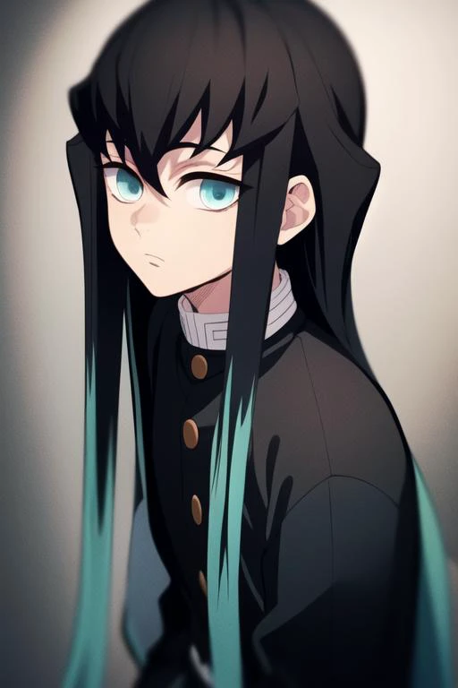 masterpiece, best quality, high quality, 1boy, solo, male focus, looking at viewer, upper body, <lora:tokitou_muichirou:0.82>, tokitou_muichirou, long hair, bangs, black hair, aqua eyes, demon slayer uniform, two-tone hair,