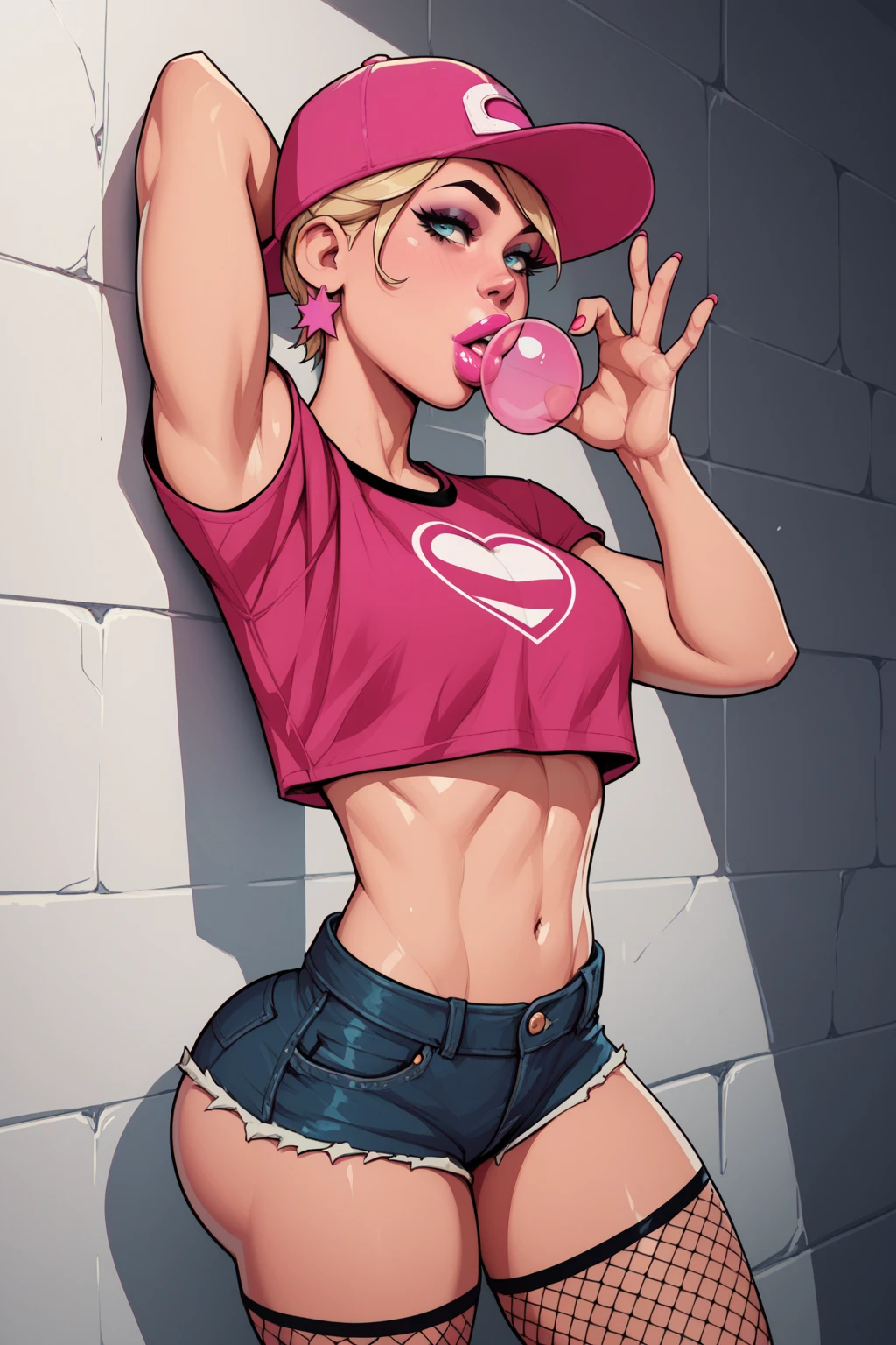 score_9, score_8_up, score_7_up, masterpiece, high quality, <lora:CherryMouseStreetStylePonyLyco:1> 1girl, lipstick, uncensored, makeup, nose, lips, red crop top, fishnet stockings, pink baseball cap, bubblegum in mouth, leaning on a wall, short hair, short shorts, kiss pose