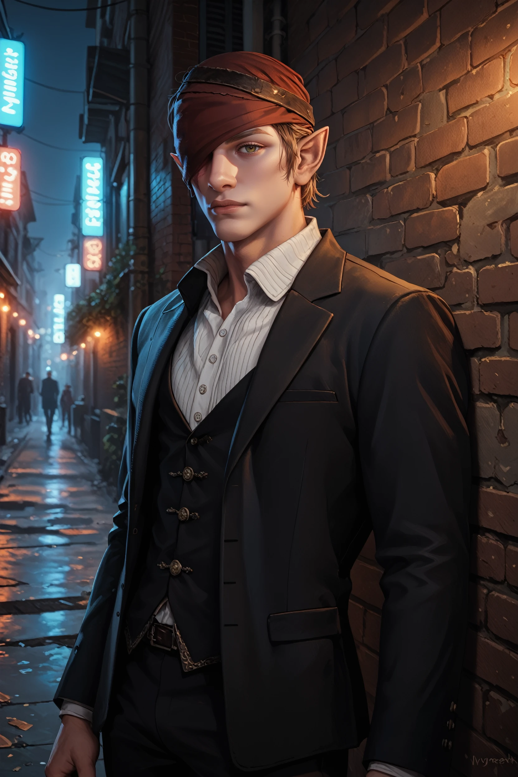 score_9, score_8_up, score_7_up,
<lora:W2Iorweth:0.8>
W2Iorweth, 1boy, pointy ears, scar, one eye covered, looking at viewer, In a dimly lit urban alley, tailored black suit, ambient neon lights casting shadows, leaning confidently against a brick wall, cowboy shot