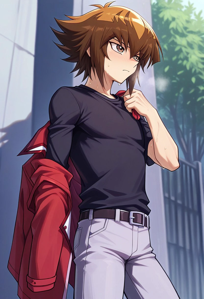 masterpiece, best quality, 
jadenyuki, 1boy, male focus, solo, brown eyes, brown hair, two-tone hair, multicolored hair, bangs, duel academy uniform (yu-gi-oh! gx), shirt, black shirt, jacket, red jacket, jacket removed, holding jacket, pants, grey pants, sweat,
outdoor,