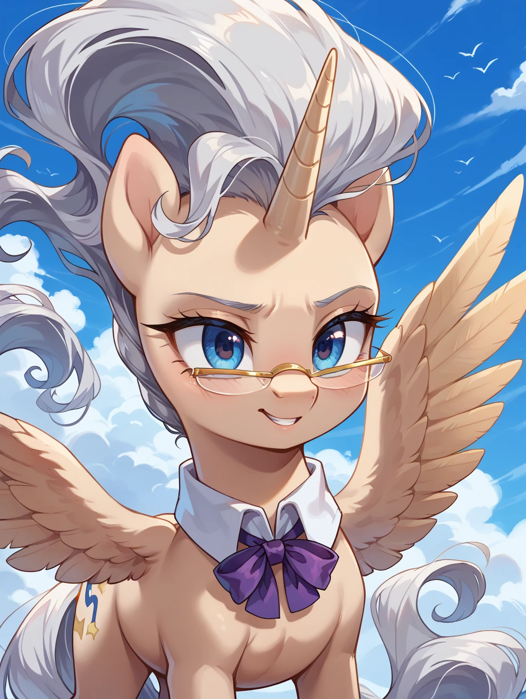 Mare is flying in the sky while spreading his wings. Mare has wings and a unicorn horn.

Mare,1girl, non-human,glasses, blue eyes,beige skin, quadruped,animal, pony, gray hair,tail, shirt collar,purple bow on collar
score_9, score_8_up, score_7_up,source_anime,BREAK