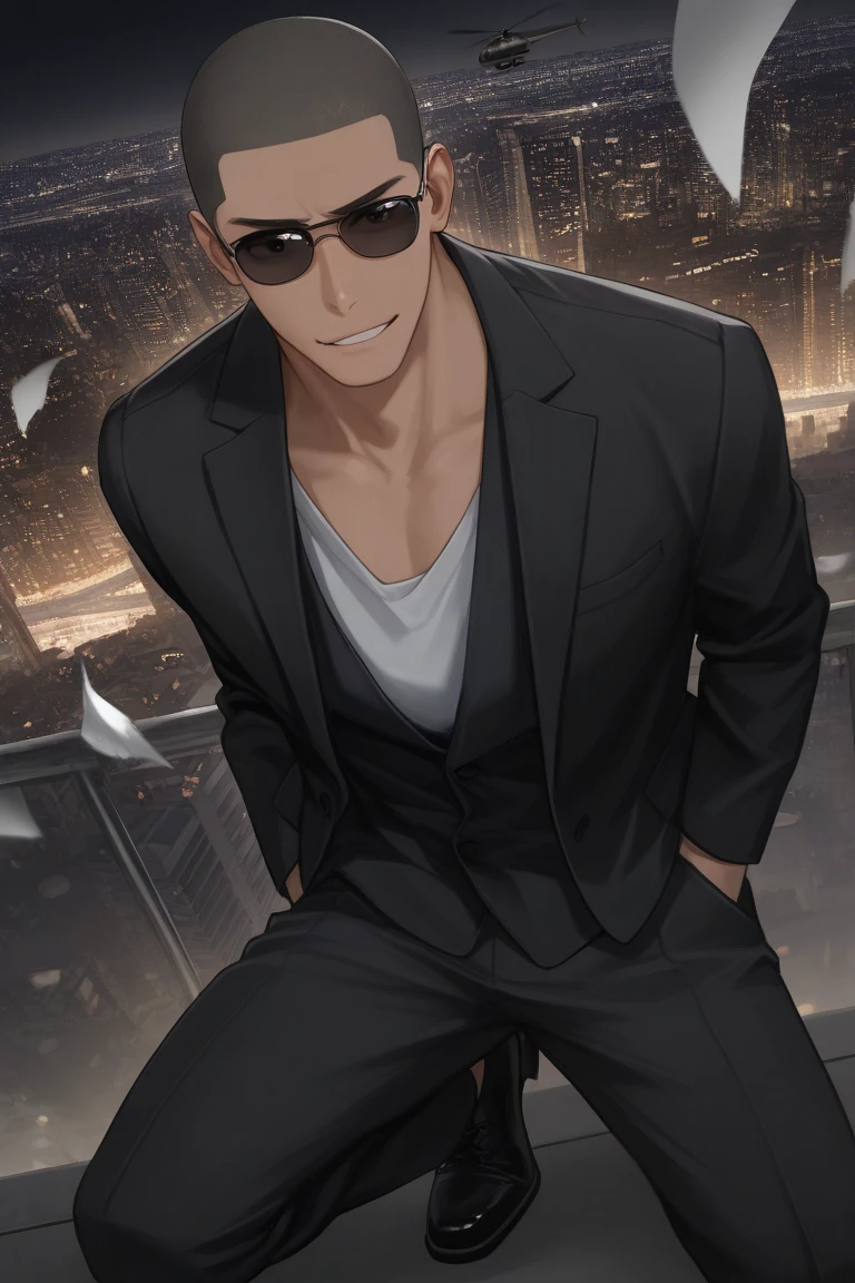 subsurface scattering, realistic shading, neon lighting, male focus, squatting, looking at viewer, floating object, floating papers, hands in pocket, expressive face, smug, DaikiAOFH, black_DaikiAOFH_eyes, dark grey_DaikiAOFH_buzz cut, 1boy, formal attire, sunglasses, covered eyes, shiny skin, suit, pants, black footwear, outdoors, night sky, dark, white bird, helicopter, cityscape, citylights, from above, dutch angle, dynamic angle, intricately detailed illustration, depth of field, masterpiece, best quality, amazing quality, very aesthetic, absurdres, newest