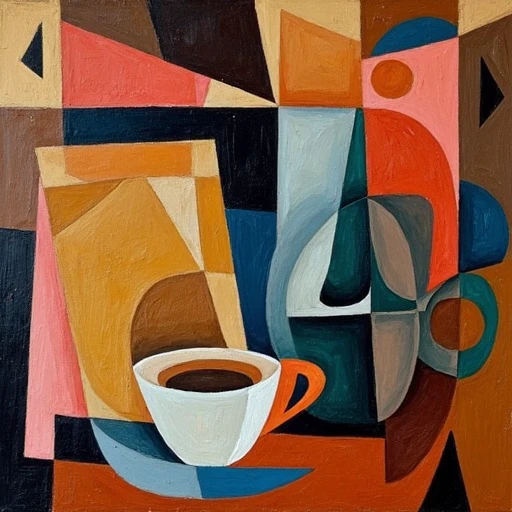 painting cubism style of coffe bag and cup of coffee