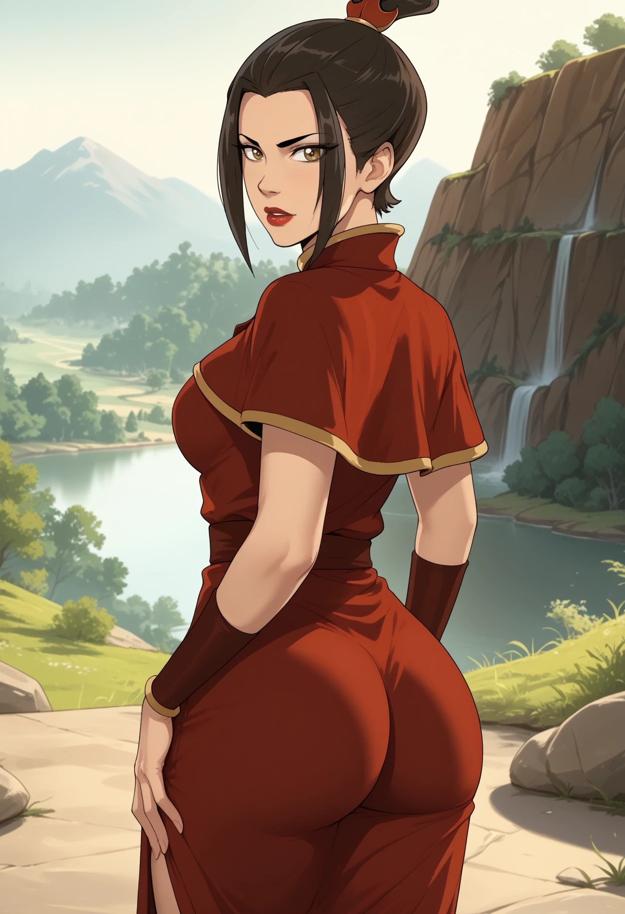 score_9, score_8_up, score_7_up, score_6_up, score_5_up, <lora:NM_Azula_atla:1>, BREAK NM_Azula_atla, 1girl, solo, brown eyes, brown hair, topknot, black hair, hair ornament, breasts, large breasts, makeup, lipstick, red lips, slim waist, dress, capelet, looking at viewer, outdoors,  looking back, from behind, ass, back view, <lora:nm_fitbutt_v1:1>, hand on hips,