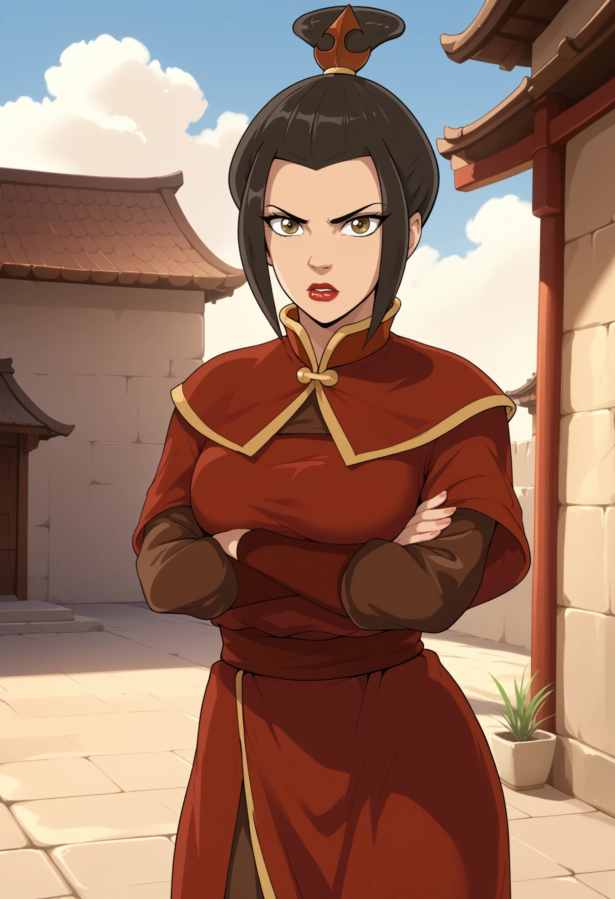 score_9, score_8_up, score_7_up, score_6_up, score_5_up, <lora:NM_Azula_atla:1>, BREAK NM_Azula_atla, 1girl, solo, brown eyes, brown hair, topknot, black hair, hair ornament, breasts, large breasts, makeup, lipstick, red lips, slim waist, dress, capelet, looking at viewer, outdoors, angry, crossed arms,