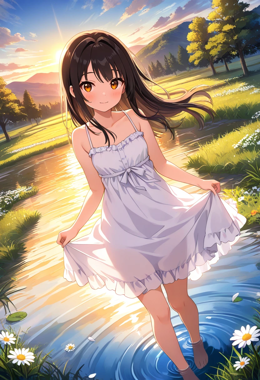 masterpiece, best quality, absurdres, very aesthetic, general,
1girl, solo, dress, long hair, white dress, looking at viewer, outdoors, flower, water, sky, cloud, brown hair, wading, bare shoulders, mountain, sundress, standing, dutch angle, bangs, sleeveless, bare arms, sleeveless dress, closed mouth, white flower, brown eyes, skirt hold, grass, collarbone, blush, barefoot, orange eyes, mountainous horizon, sunset, petals, sun, bare legs, scenery, day, eyebrows visible through hair, small breasts, cloudy sky, sunlight, nature, smile, black hair, river, daisy, ripples, lens flare, short dress, blue sky, wind, bow, legs, thighs, field, parted lips, stream, backlighting, sidelocks, white bow, tree, light rays, light particles, twilight, floating hair, horizon, reflection, white ribbon, pond, yellow flower, hair intakes, frilled dress, diffraction spikes, sunrise, spaghetti strap, evening, gradient sky, armpit crease, yellow eyes