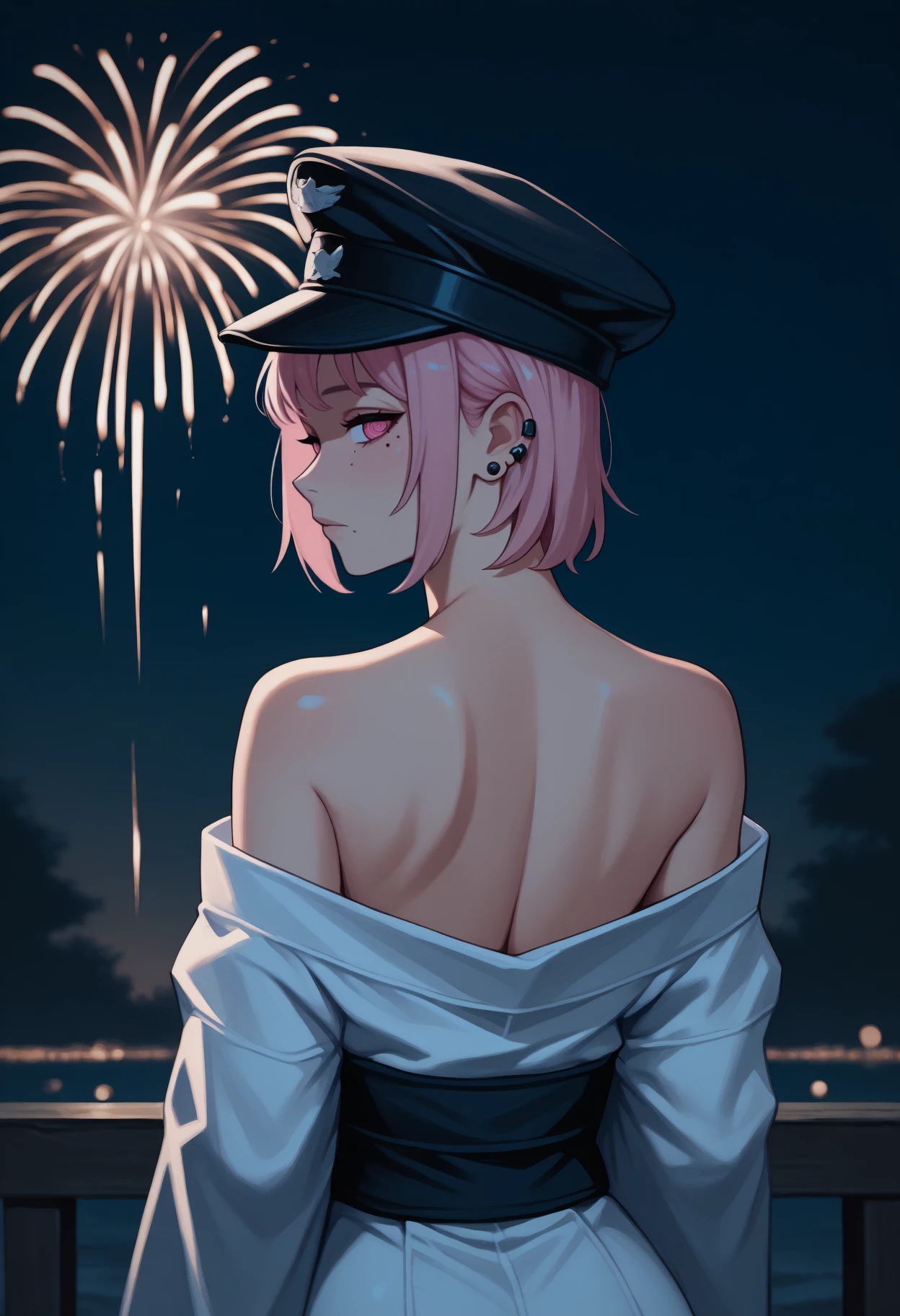 masterpiece, best quality, <break> from behind, solo, 1girl, f4mi, multiple moles, mole under eye, mole under mouth, ear piercing, expressionless, looking back, short hair, pink hair, black headwear, military hat, pink eyes, ringed eyes, japanese clothes, white kimono, off shoulder, black sash, bare shoulders, outdoors, night, fireworks
<segment:yolo-Anzhc Face seg 640 v2 y8n.pt,0.4,0.5//cid=1>