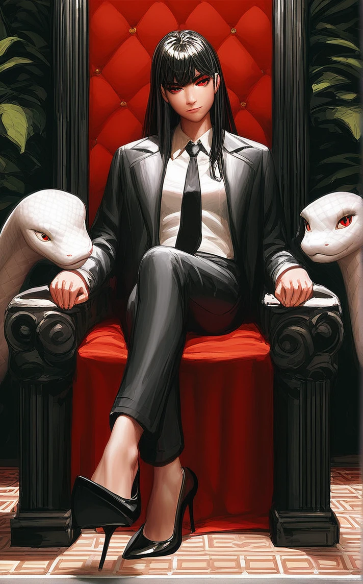 score_9, score_8_up, score_7_up,  <lora:STYLE_PONYXL_guweiz_ownwaifu:0.9>, BREAK       STYLE_PONYXL_guweiz_ownwaifu, anime girl sitting on a bench in a red and black scene, 1girl, long hair, looking at viewer, white shirt, black hair, long sleeves, red eyes, closed mouth, black jacket, full body, black necktie, collared shirt, black pants, black footwear, high heels, animal, formal, crossed legs, suit, jacket on shoulders, white snake, throne