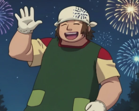 male, brown hair, closed eyes, bandana, yellow shirt, short sleeves, apron, white gloves, outdoors, night, fireworks