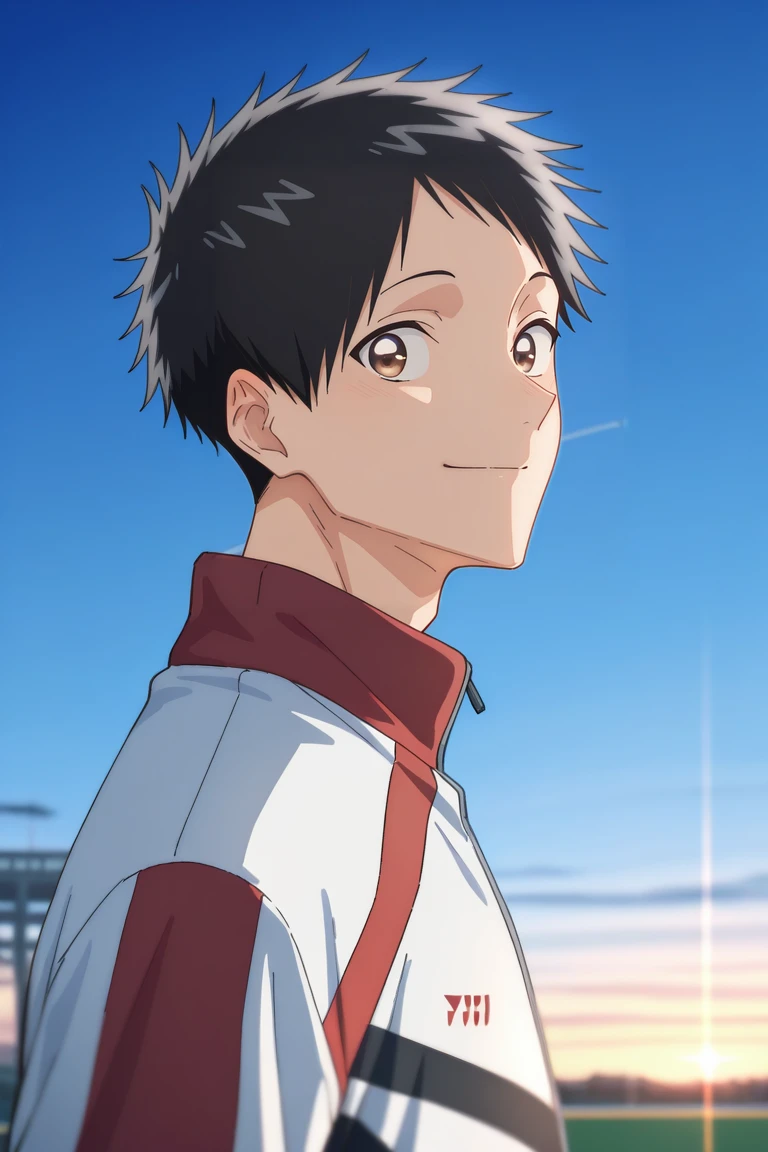 masterpiece,best quality,amazing quality,very aesthetic,high resolution,ultra-detailed,absurdres,newest,scenery,volumetric lighting,depth of field , , , 1boy,solo,male focus, <lora:taiki:0.93>,taiki inomata, black hair, brown eyes,short hair,looking at viewer, smile,shirt,closed mouth,jacket, upper body,outdoors, sky, blurry, from side, track jacket,sportswear,white jacket, portrait,pov eyes contact