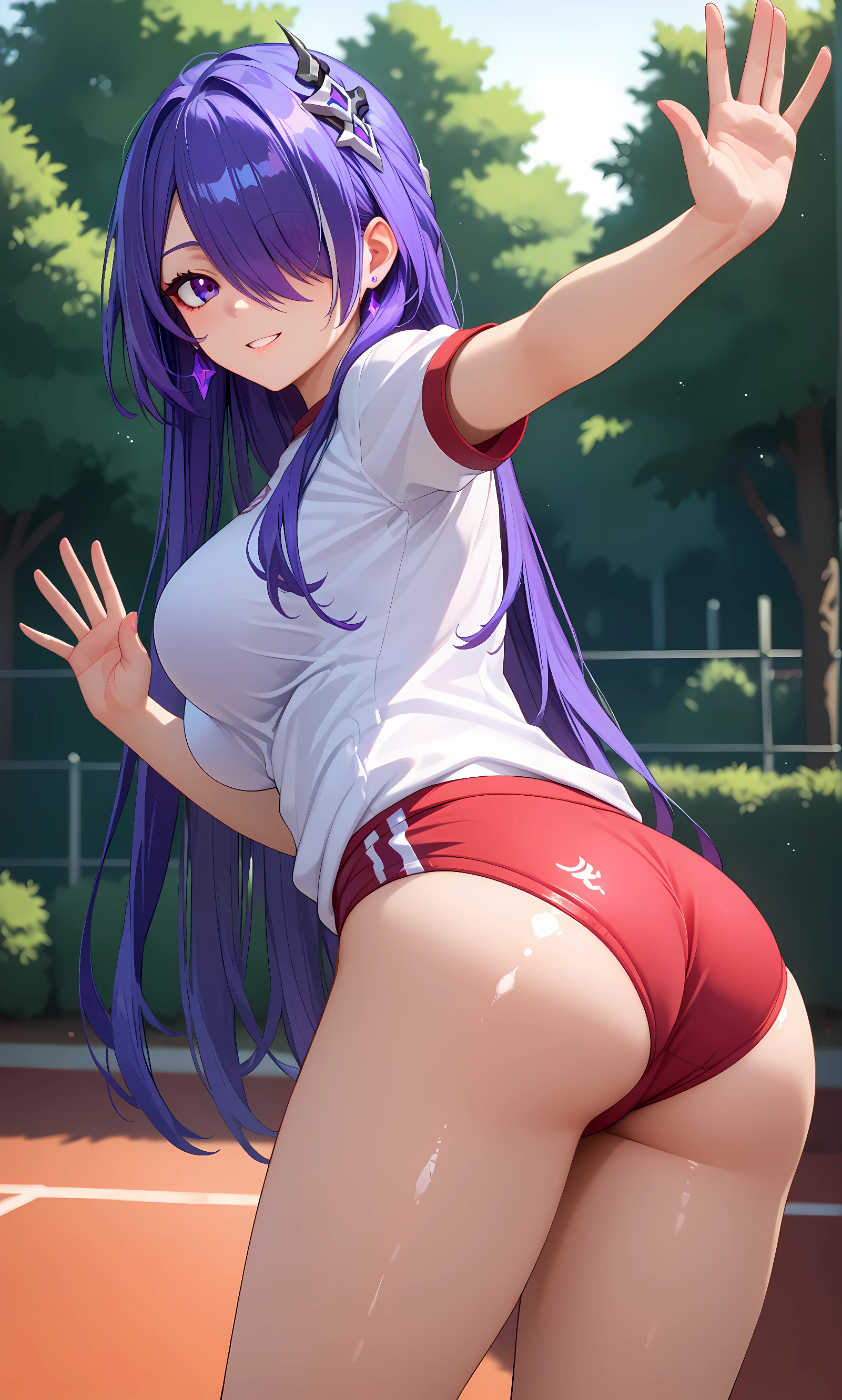 score_9, score_8_up, score_7_up, source_anime, 1girl, solo, outdoors, park, cowboy shot, looking at viewer, shiny skin, close-up, acheron, purple eyes, purple hair, very long hair, hair over one eye, hair ornament, earrings, white shirt, short sleeves, gym uniform, buruma, from side, waving 