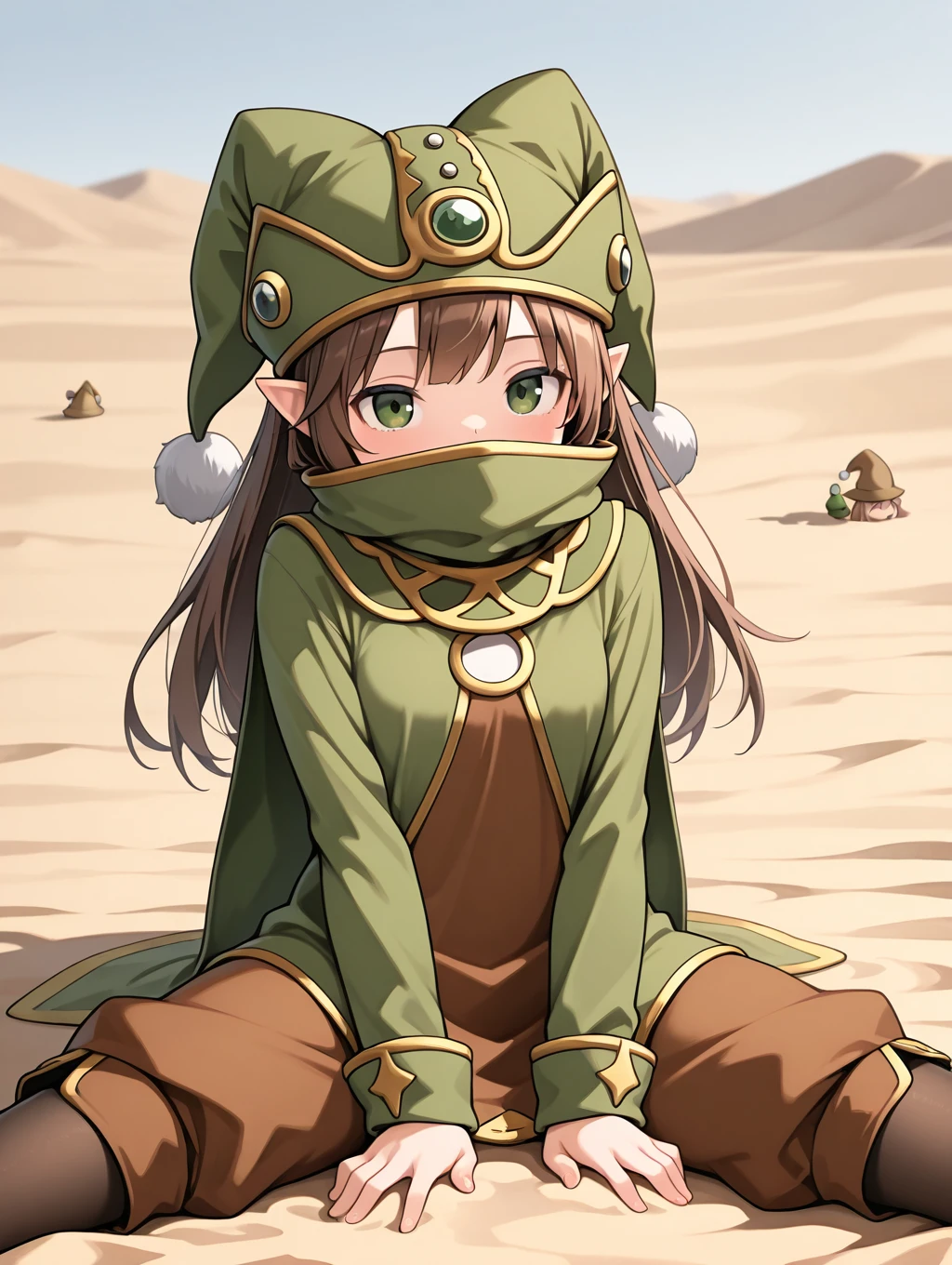 1girl, solo, Gnome, brown hair, green eyes, long hair, brown dress, brown jester pants, green robe, pointy ears, hat, pantyhose, shirt over mouth,

cowboy shot, (dynamic pose), sitting on sand, desert,

masterpiece, best quality,amazing quality, very aesthetic, absurdres, depth of field, blurry background, extremely detailed face, detailed eyes