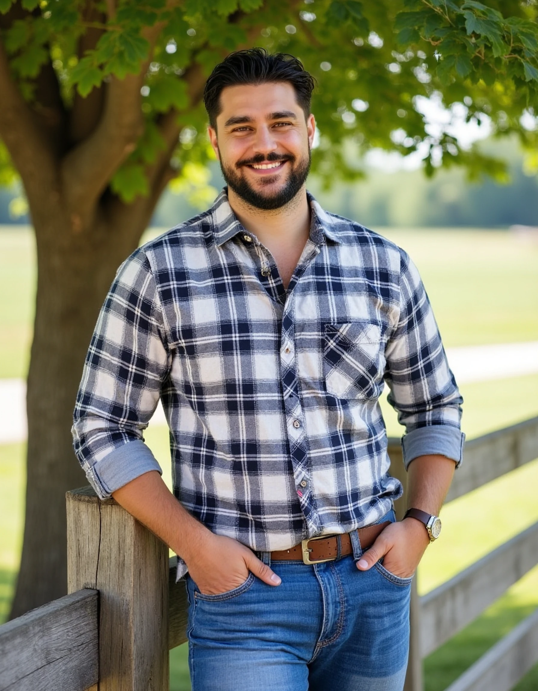 fr4nk4lv4r3z a photo of a man standing on a ranch. he is handsome. he is wearing a plaid shirt with the sleeves rolled up. he is wearing blue jeans. he is leaning on a wooden fence post. he is smiling. he is looking at you. it is a sunny day. he is under a tree in the shade. 