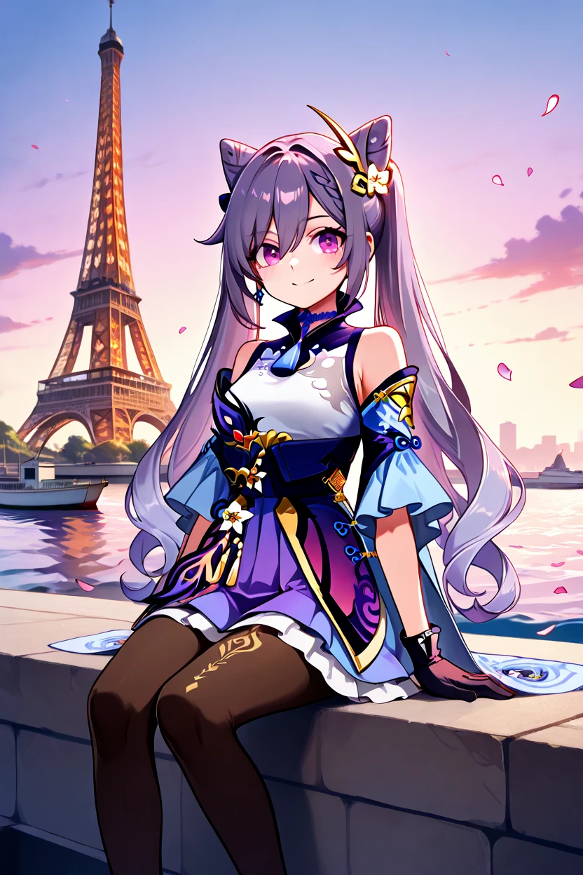 masterpiece, best quality, 1girl, solo, 21 year old model, eyelashes, (beautiful eyes),     zzKeqing, purple eyes, hair between eyes, cone hair bun, hair bun, hair ornament, long hair, purple hair, twintails, double bun,    black pantyhose, dress, bare shoulders, detached sleeves, gloves, frills, skirt,  ,<lora:KeqingGenshinIXL:1.0>, ,,, zzEiffelTower in background, sitting, watercraft, boat, sitting on wall, side view, looking at viewer, smile,,, blooming stars, luminescent petals, otherworldly fragrance blurry background, <lora:EiffelTowerIXL_v2:1.0>,