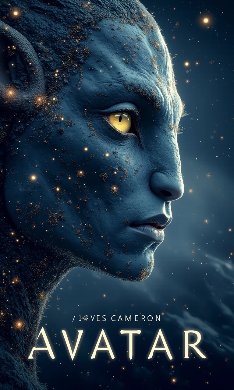 space-themed The grey sexy Avatar of James Cameron, movie poster, text: "AVATAR", particles . cosmic, celestial, stars, galaxies, nebulas, planets, science fiction, highly detailed