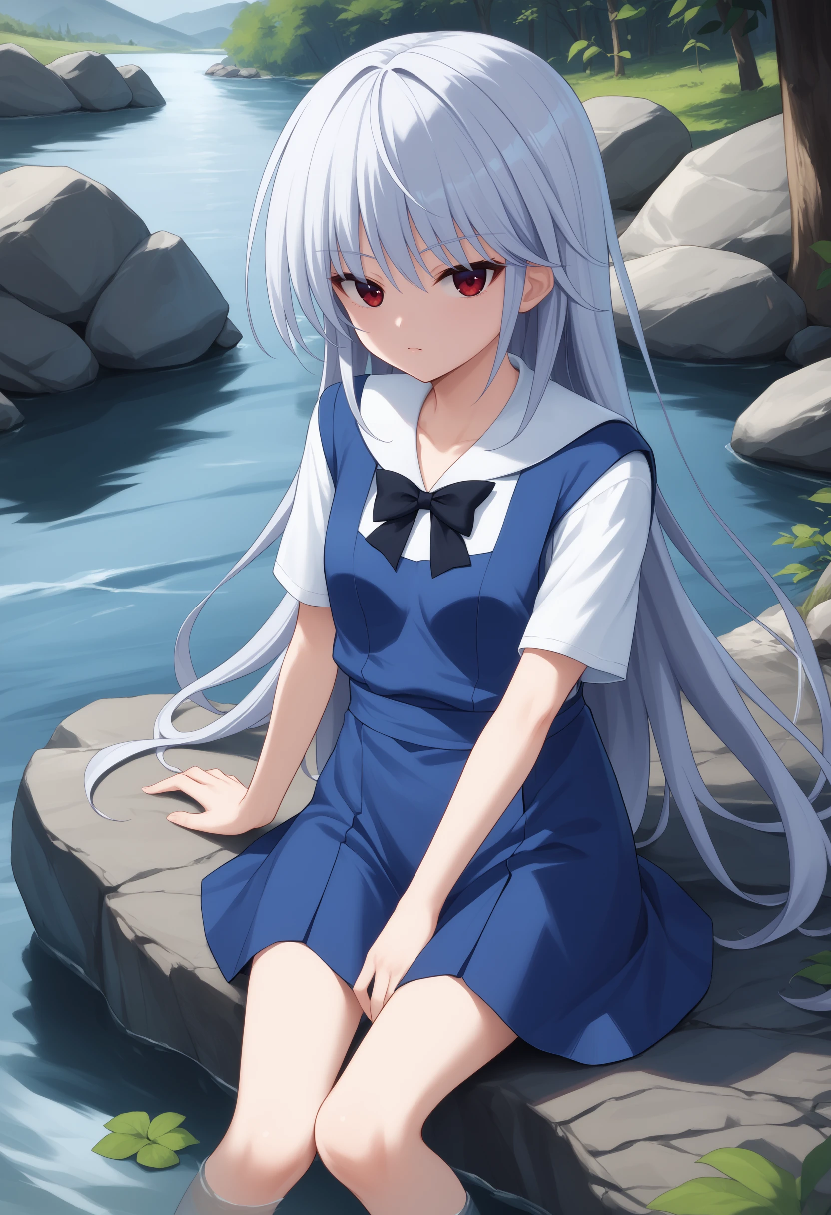 score_9, score_7_up,   1girl, kzk, silver hair, long hair, red eyes, shirt, white sailor collar,  blue pinafore dress,  black bowtie, looking at viewer, river, sitting, rock,      <lora:Kazuki FF 5-000008:1>