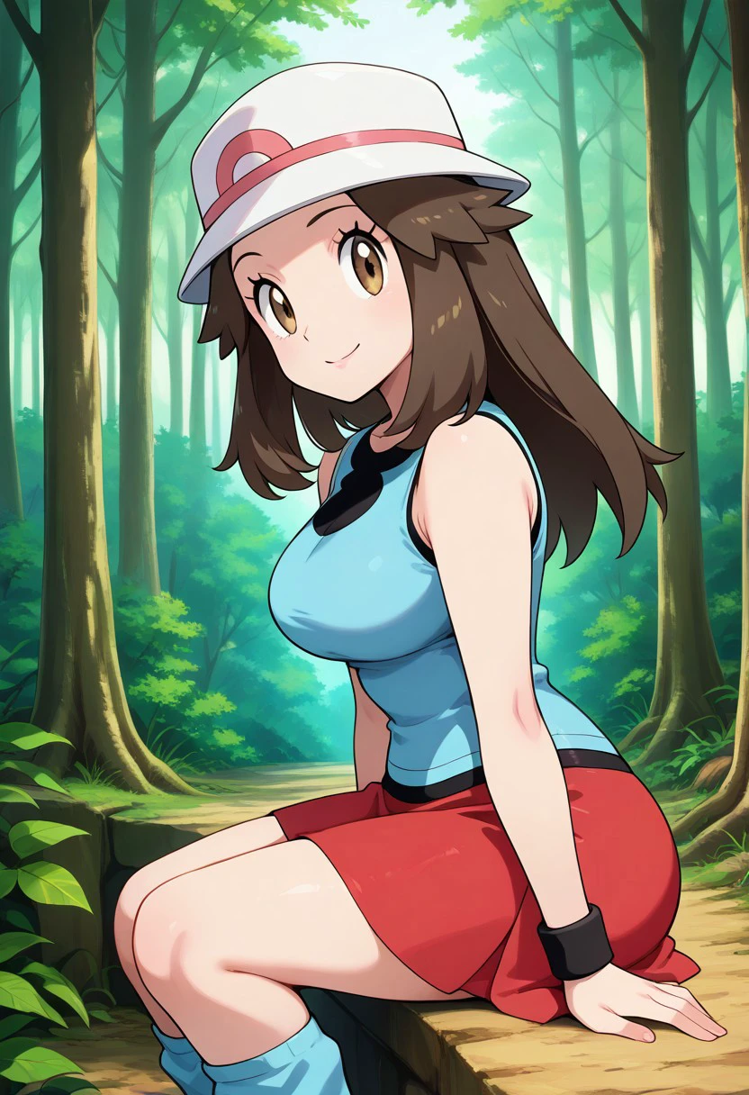 zzleaf, leaf (pokemon) brown eyes, brown hair, long hair, long hair, hat, blue shirt, sleeveless, wristband, red skirt, blue socks, white footwear, sitting, side view, forest,
,curvy, smile, looking at viewer, pretty background, dynamic pose,