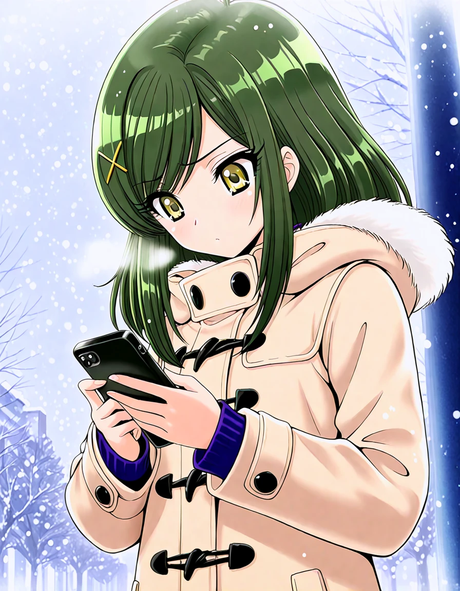 <lora:TachibanaYuria_illust_2:0.7>masterpiece, best quality, 1girl, solo,  tachibana yuria, green hair, x hair ornament,
coat, buttons, holding smartphone, looking down, snowing