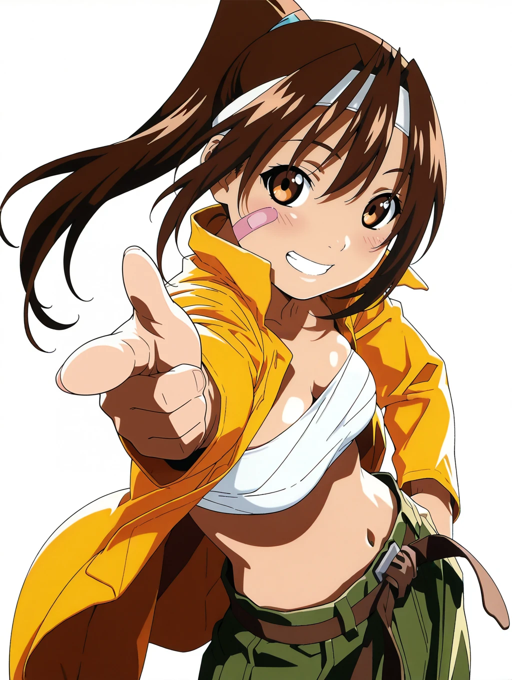 masterpiece,best quality,amazing quality,
solo,1girl,
<lora:K_momiji_ilxl_v1:1>,K_momiji,brown eyes,brown hair,ponytail,headband,bandaid on face,medium breasts,yellow jacket,sarashi,belt,green cargo pants,midriff,
<lora:Fixhands_anime_bdsqlsz_V1:1>,looking_at_viewer,dynamic_angle,cinematic_angle,grin,light_blush,face_focus,upper_body,white_background,simple_background,reaching,finger gun,portrait,front view,