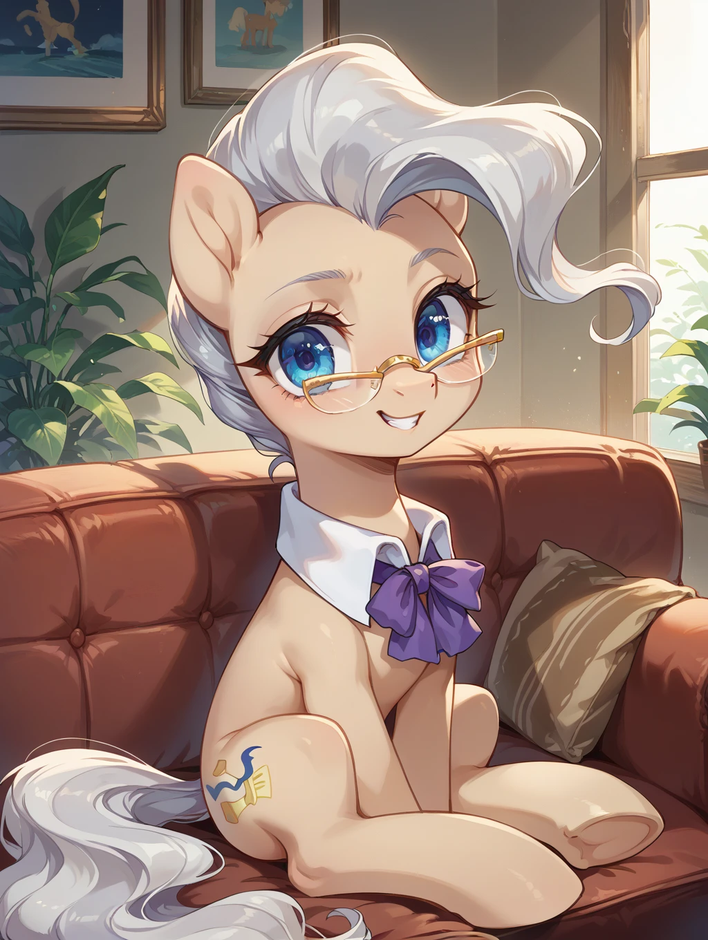 Mare is sitting on a sofa while smiling at the viewer

Mare,1girl, non-human,glasses, blue eyes,beige skin, quadruped,animal, pony, gray hair,tail, shirt collar,purple bow on collar
score_9, score_8_up, score_7_up,source_anime,BREAK